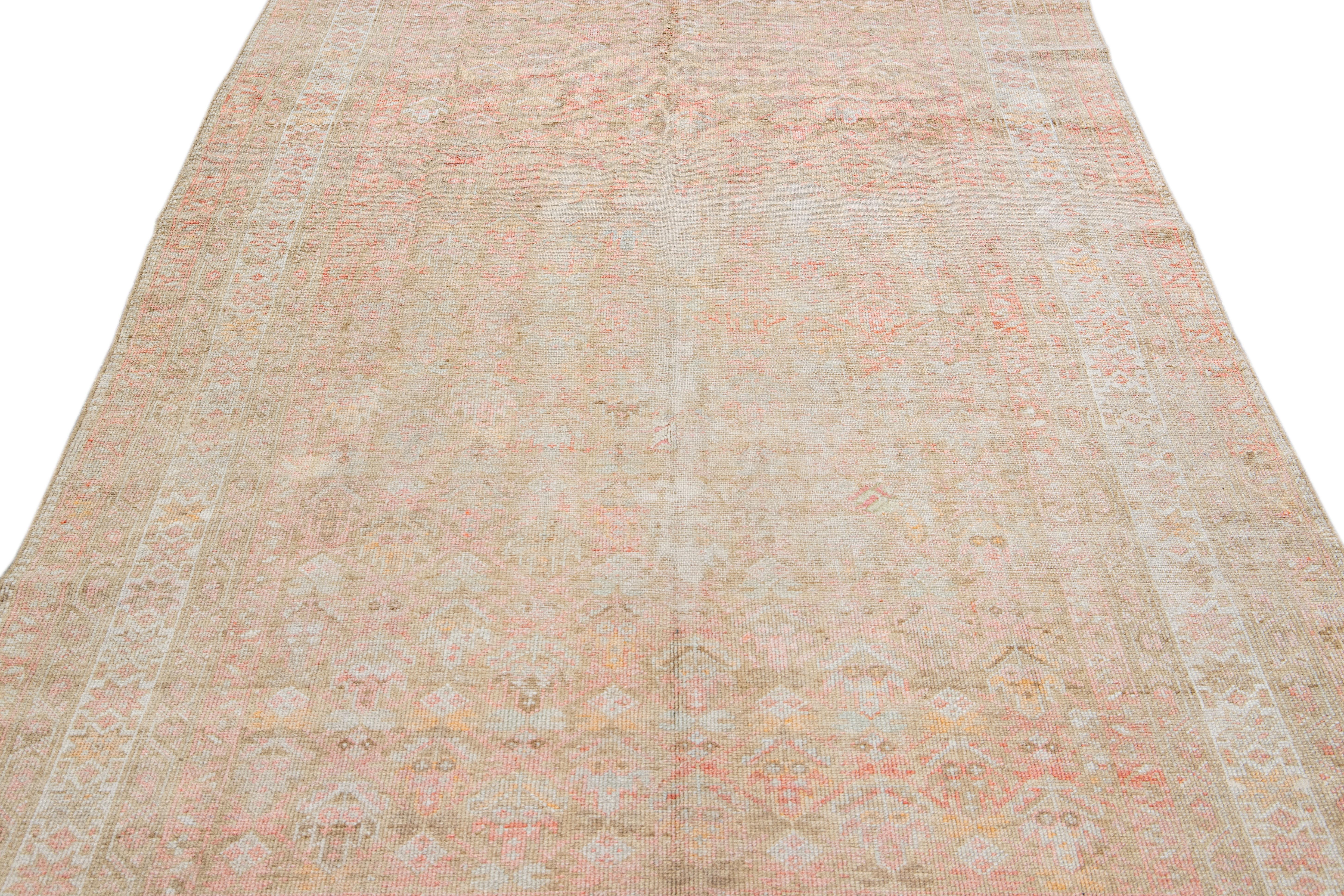 Islamic Antique Malayer Handmade Geometric Pattern Pink and Tan Scatter Wool Rug For Sale