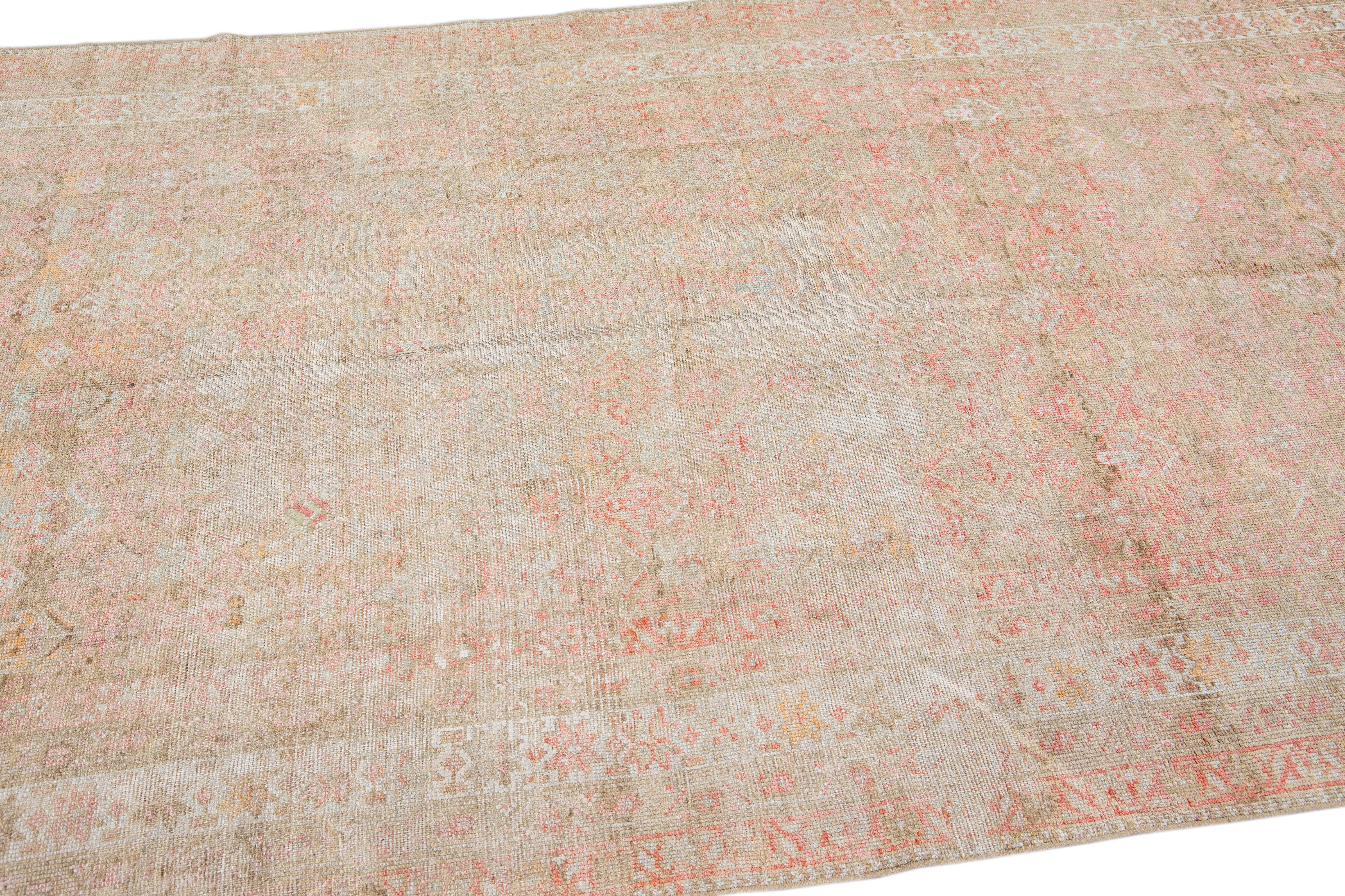Hand-Knotted Antique Malayer Handmade Geometric Pattern Pink and Tan Scatter Wool Rug For Sale