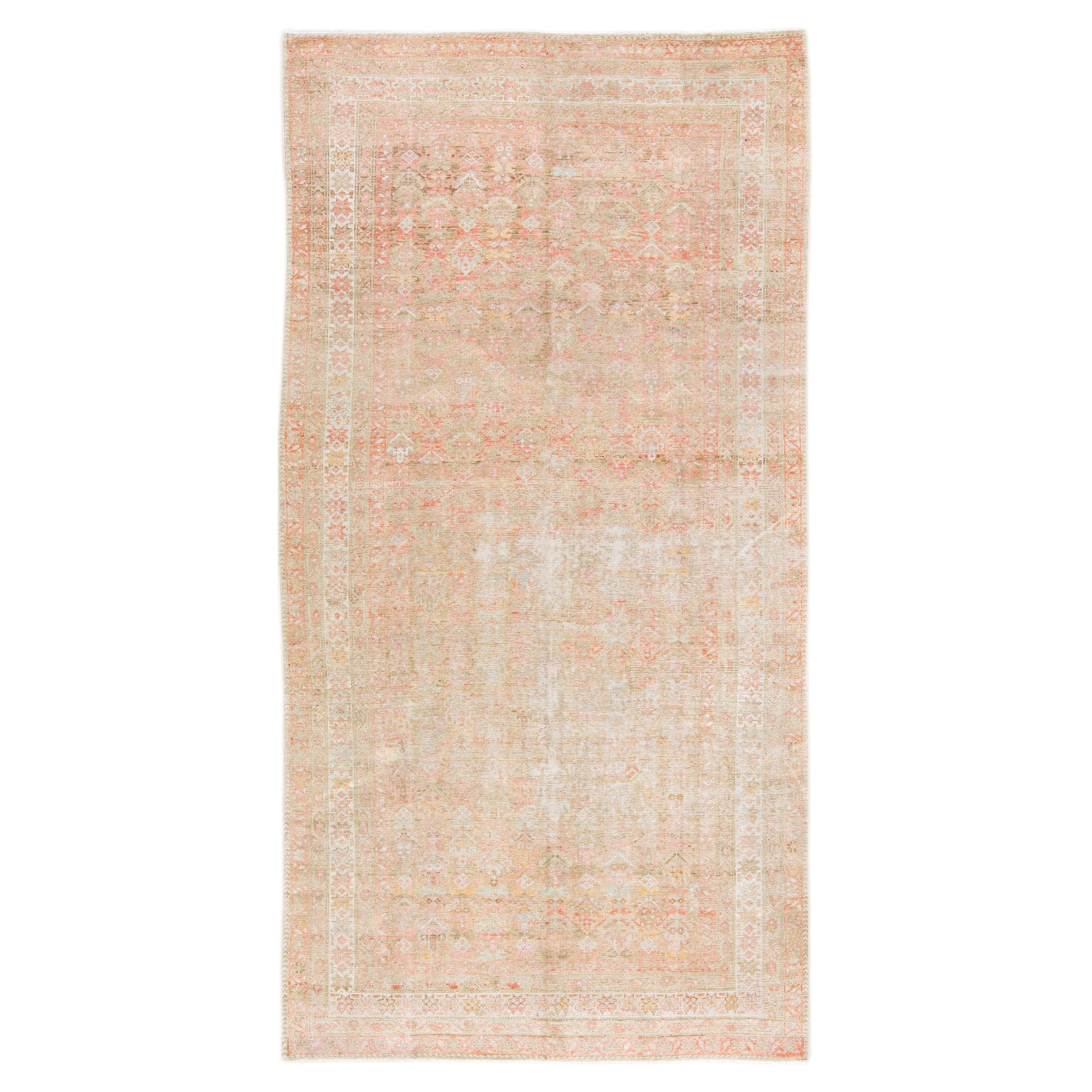 Antiker handgefertigter antiker Malayer-Wollteppich mit geometrischem Muster in Rosa und Tan im Angebot