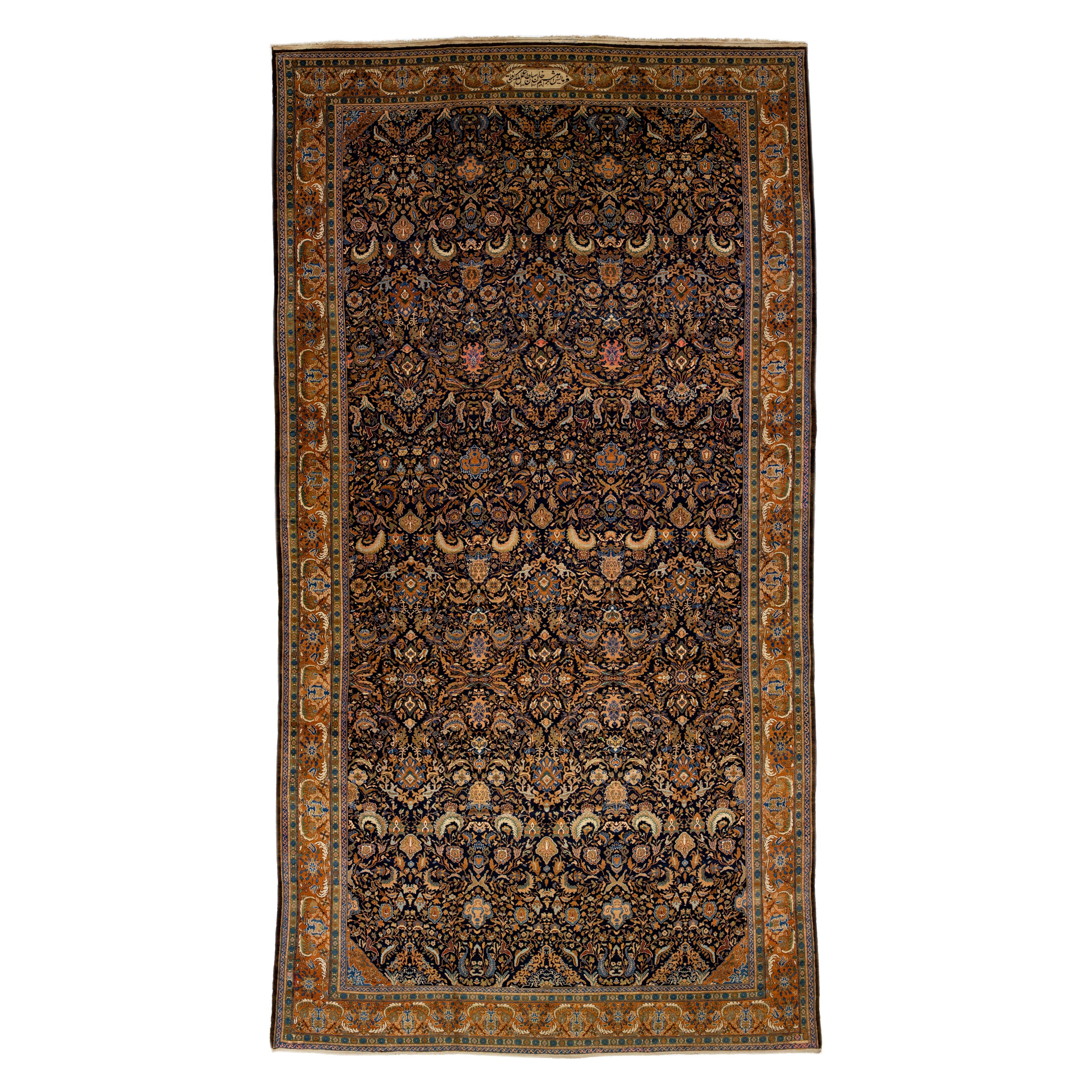 Antique Malayer Handmade Persian Navy Blue Oversize Wool Rug with Floral Motif