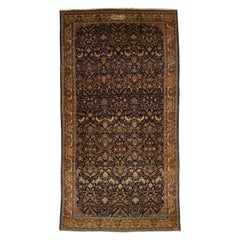 Antique Malayer Handmade Persian Navy Blue Oversize Wool Rug with Floral Motif