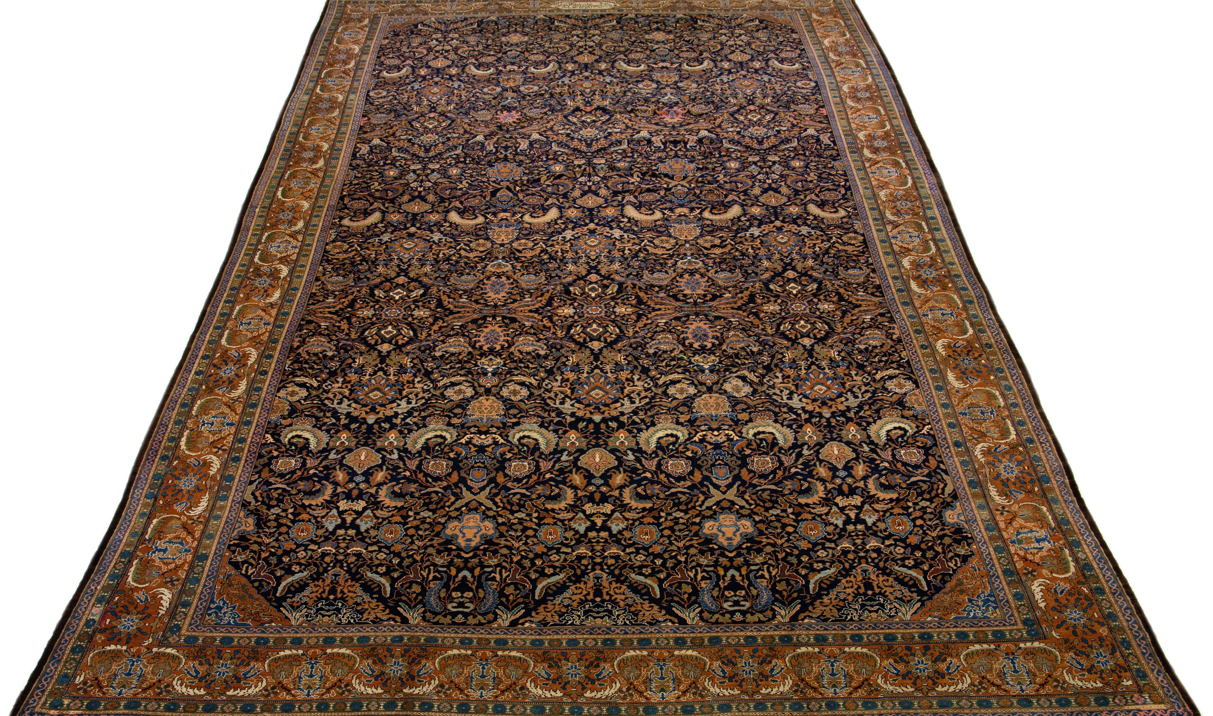 Hand-Knotted Antique Malayer Handmade Persian Navy Blue Oversize Wool Rug with Floral Motif For Sale