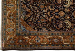 Antique Malayer Handmade Persian Navy Blue Oversize Wool Rug with Floral Motif