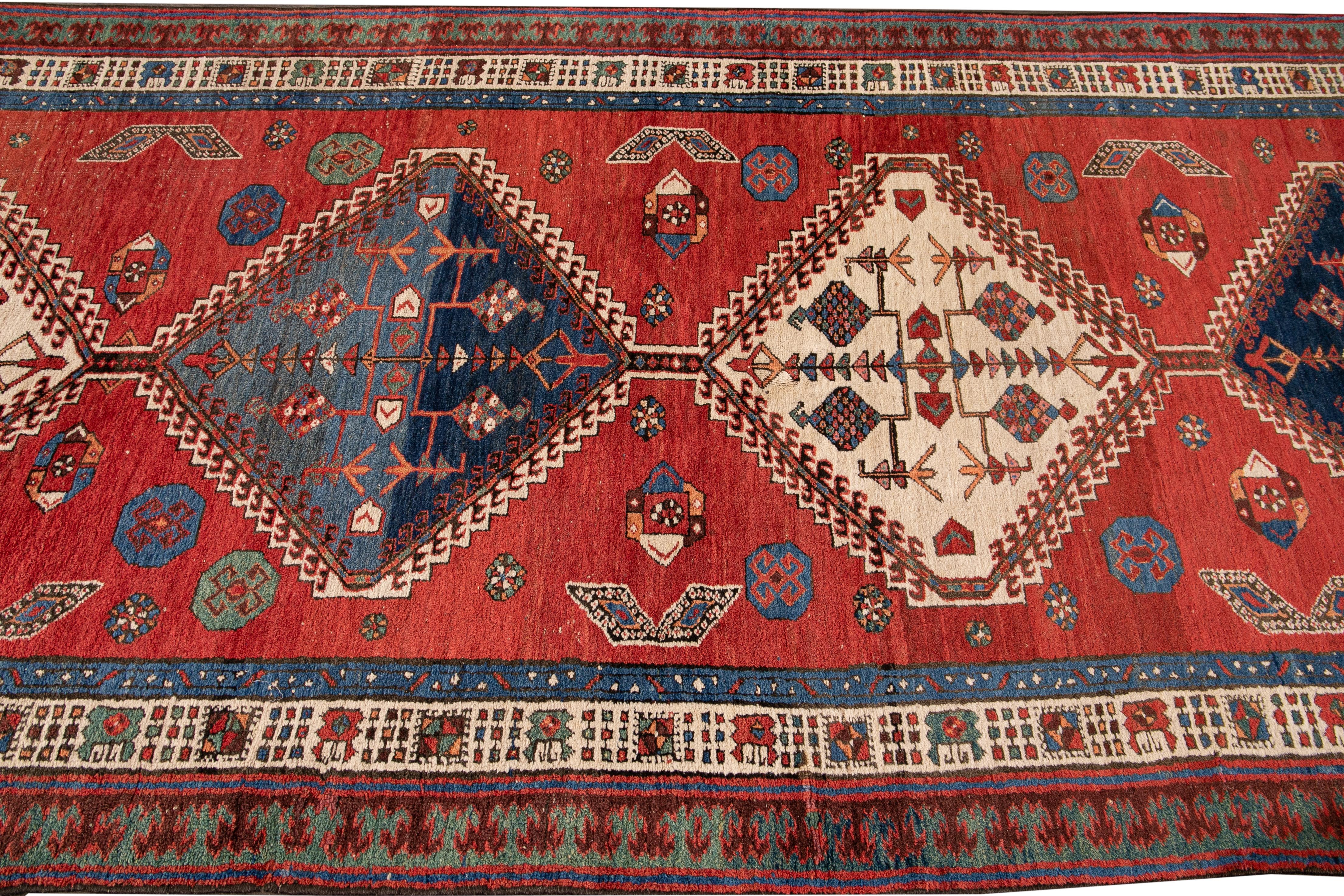 Antique Serapi Handmade Red Tribal Wool Runner In Good Condition For Sale In Norwalk, CT
