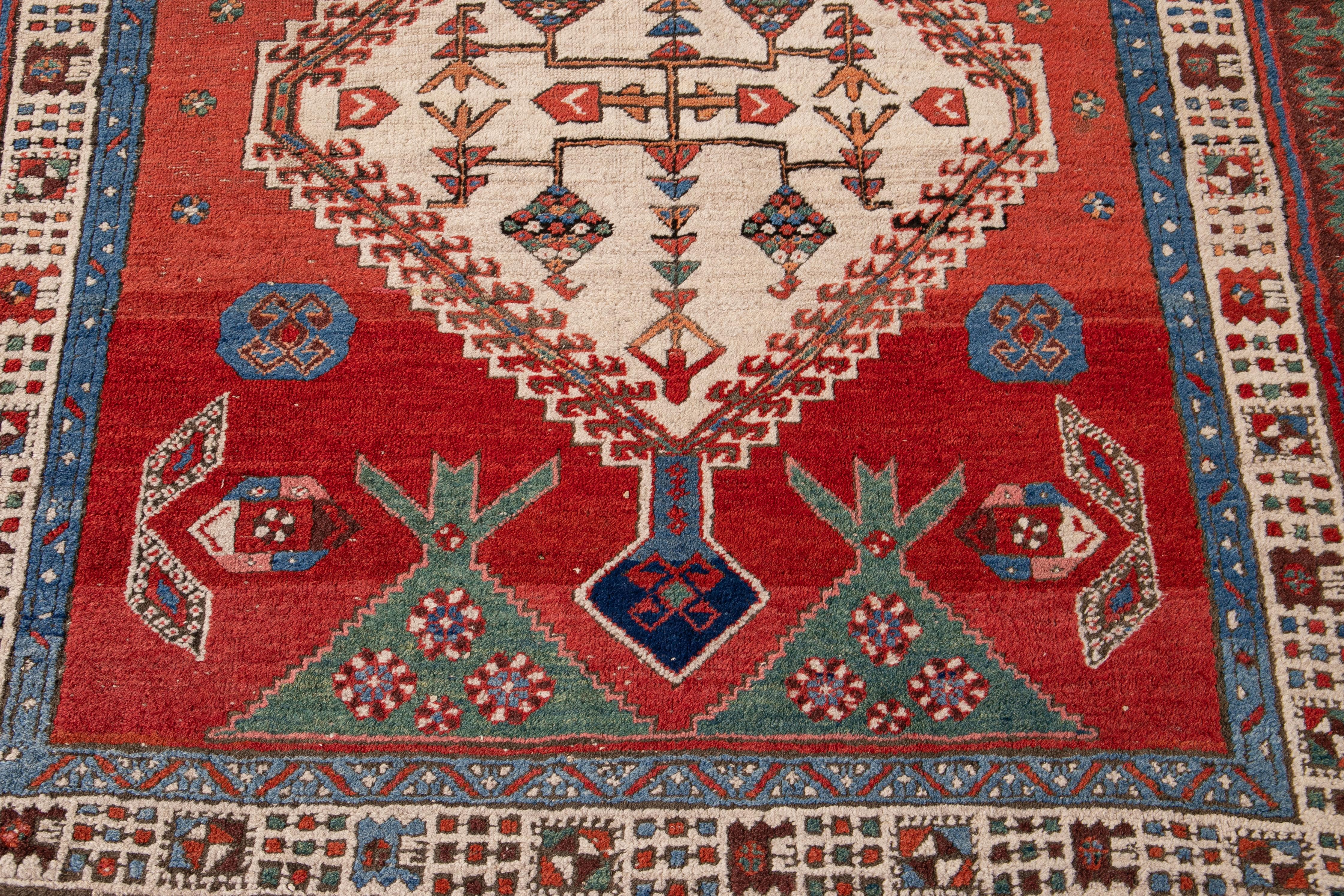 Antique Serapi Handmade Red Tribal Wool Runner For Sale 1