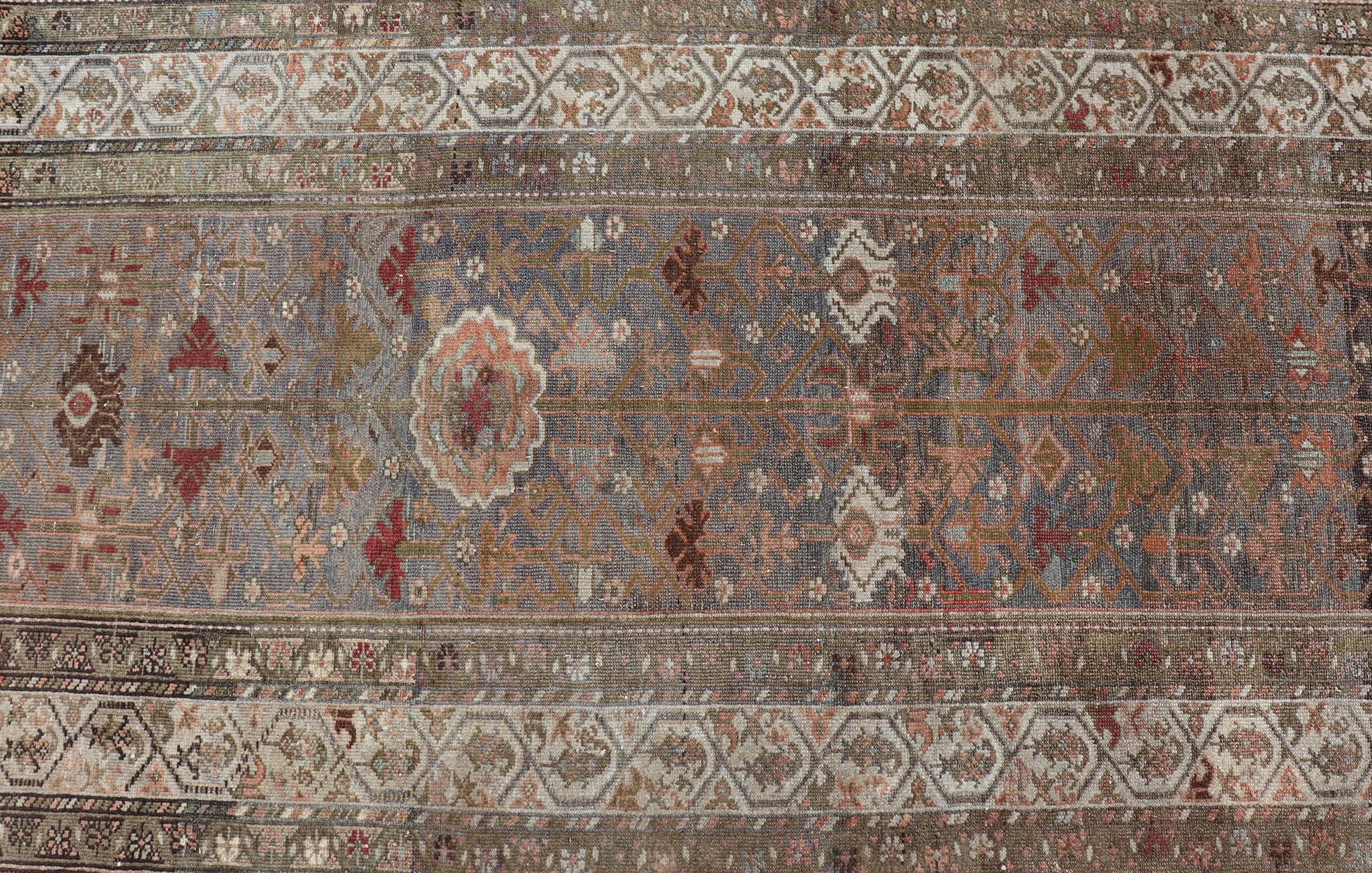 Antique Malayer Long Persian Runner in Lt. Purple, Lavender, Tan, Gray & Green For Sale 3