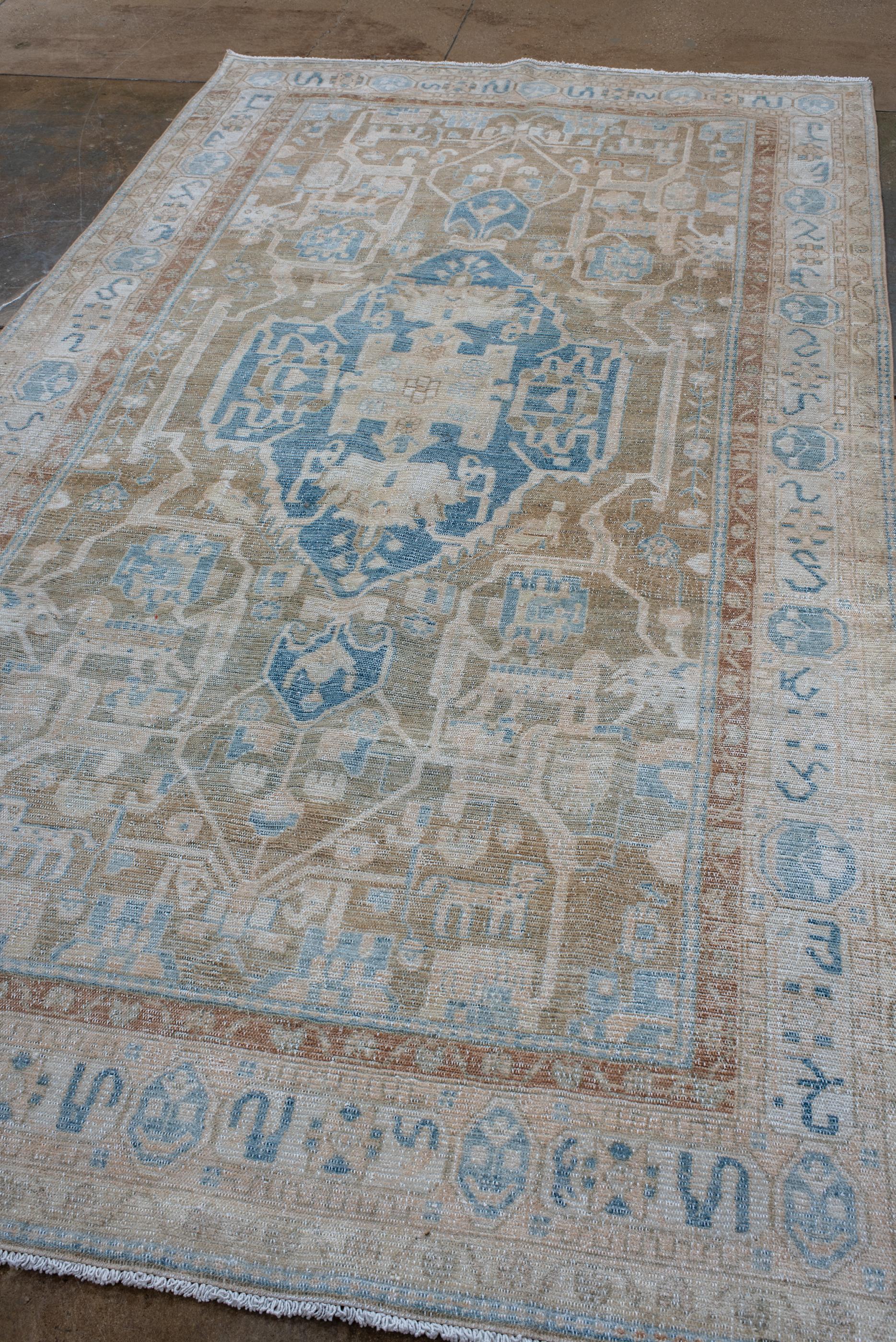 Persian Antique Malayer Long Rug, with Slate Blue Coloring and Ivory Border