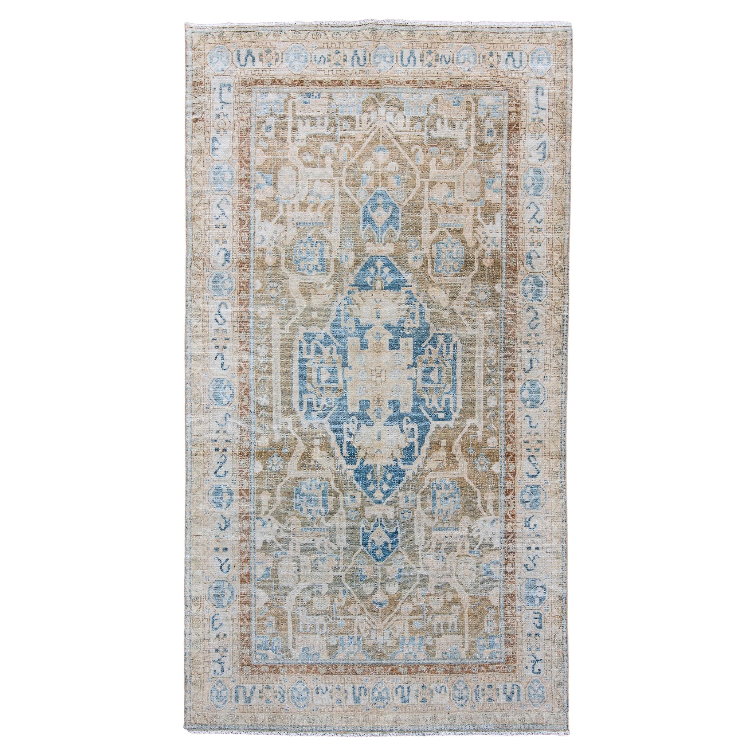 Antique Malayer Long Rug, with Slate Blue Coloring and Ivory Border