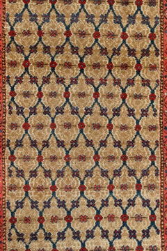 Antique Malayer Long Runner in Camel, Navy and Red Wool, Tribal Design