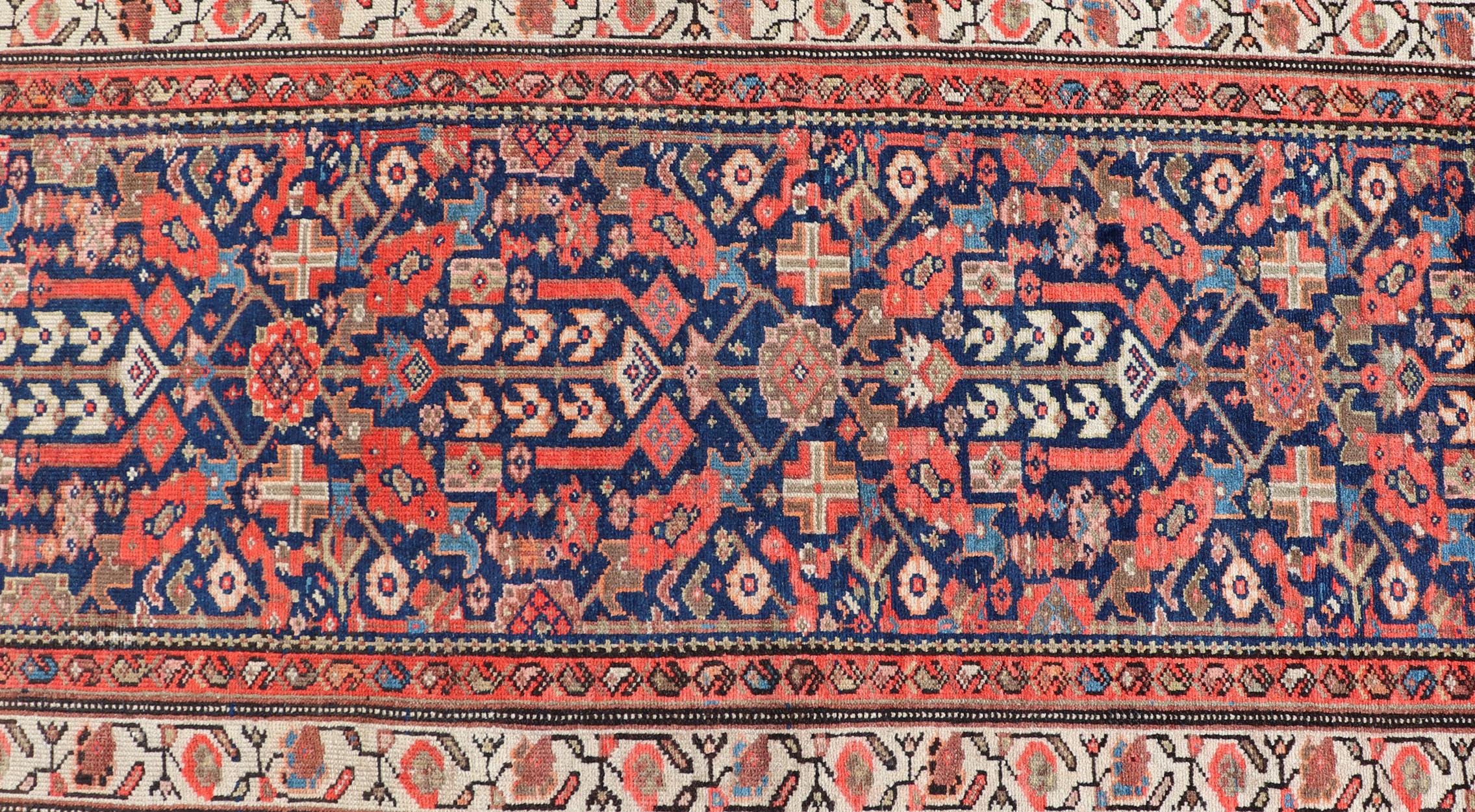 Antique Malayer Long Runner in Orange, Blue and Brown For Sale 3