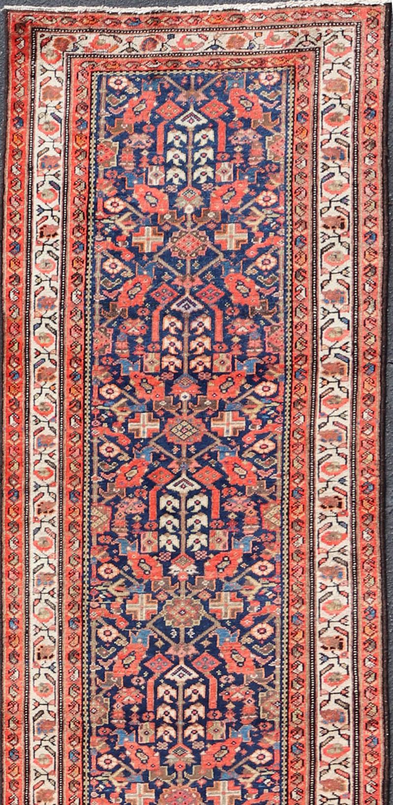 Antique Malayer Long Runner in Orange, Blue and Brown For Sale 4