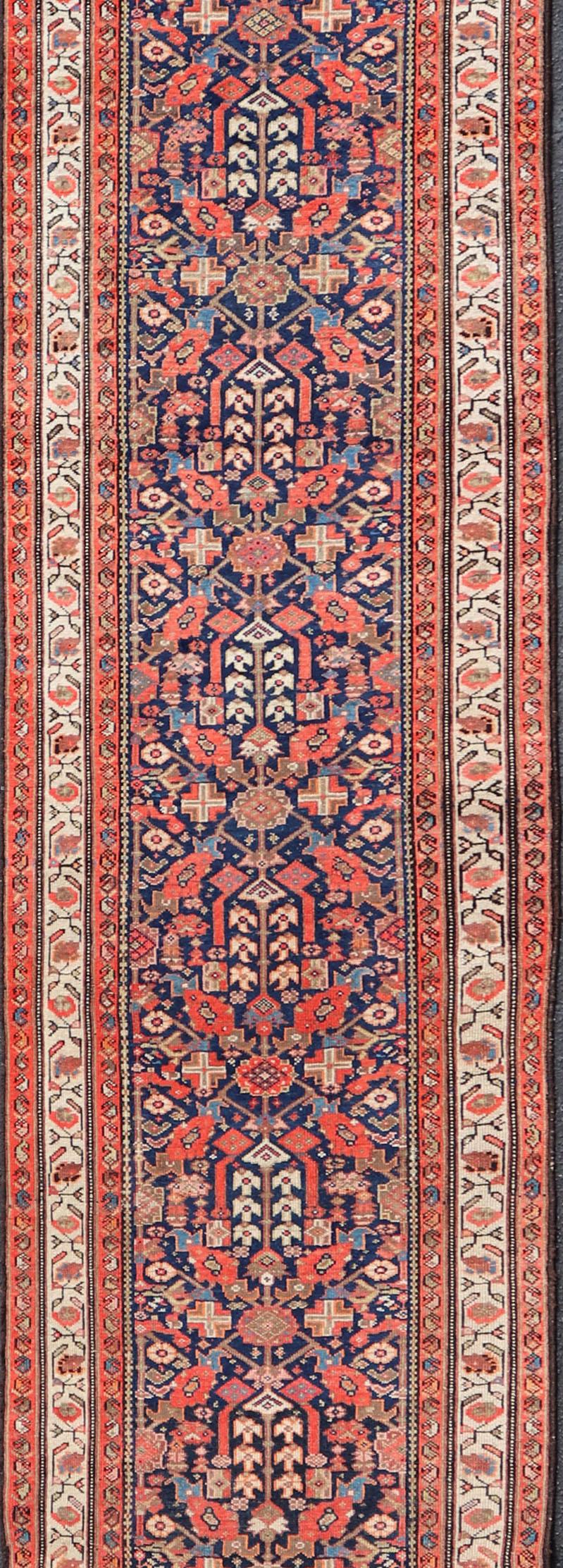 Antique Malayer Long Runner in Orange, Blue and Brown For Sale 5