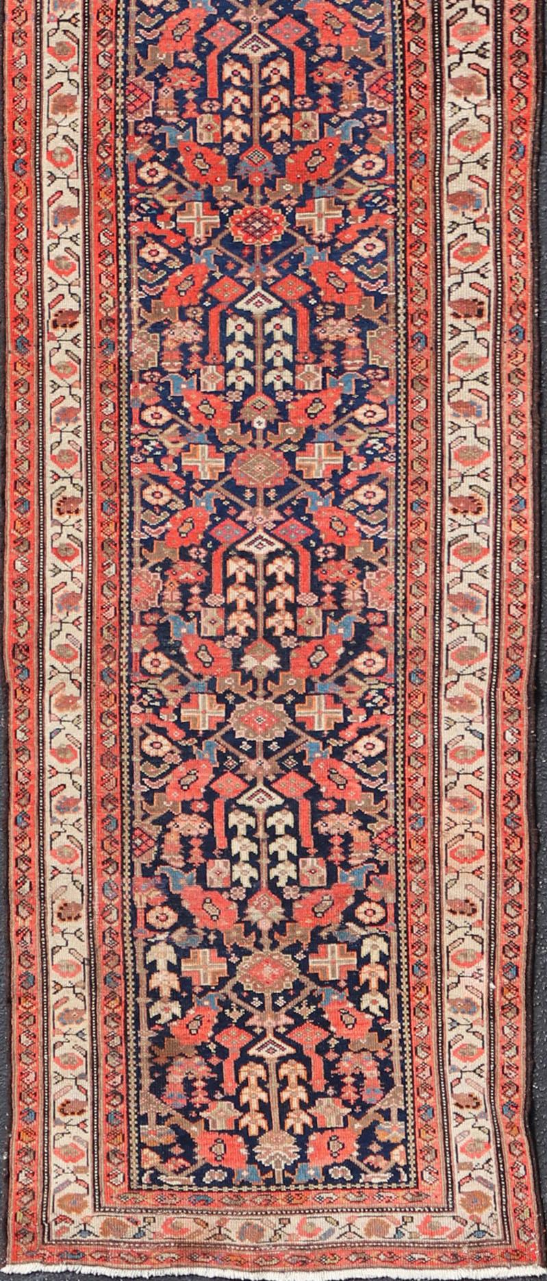 Antique Malayer Long Runner in Orange, Blue and Brown For Sale 6