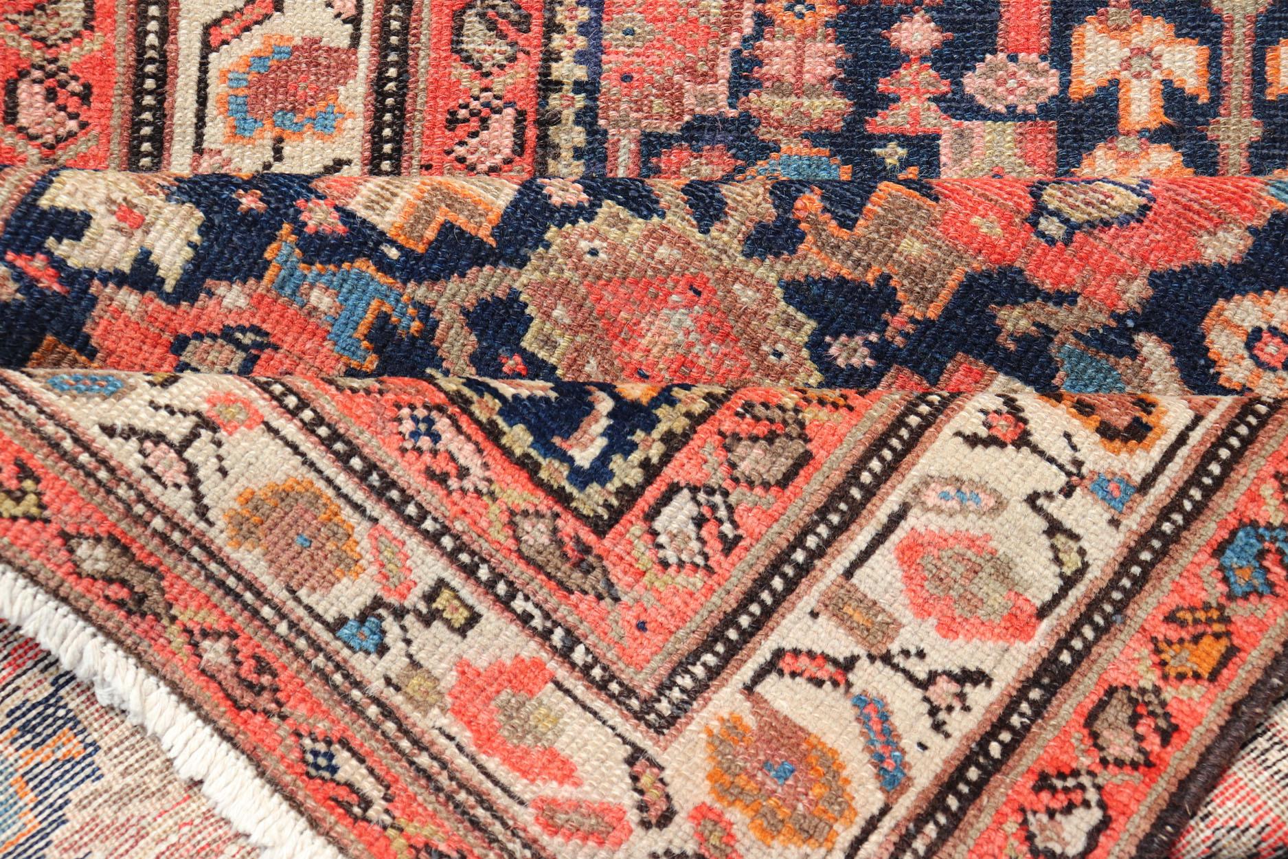 Persian Antique Malayer Long Runner in Orange, Blue and Brown For Sale