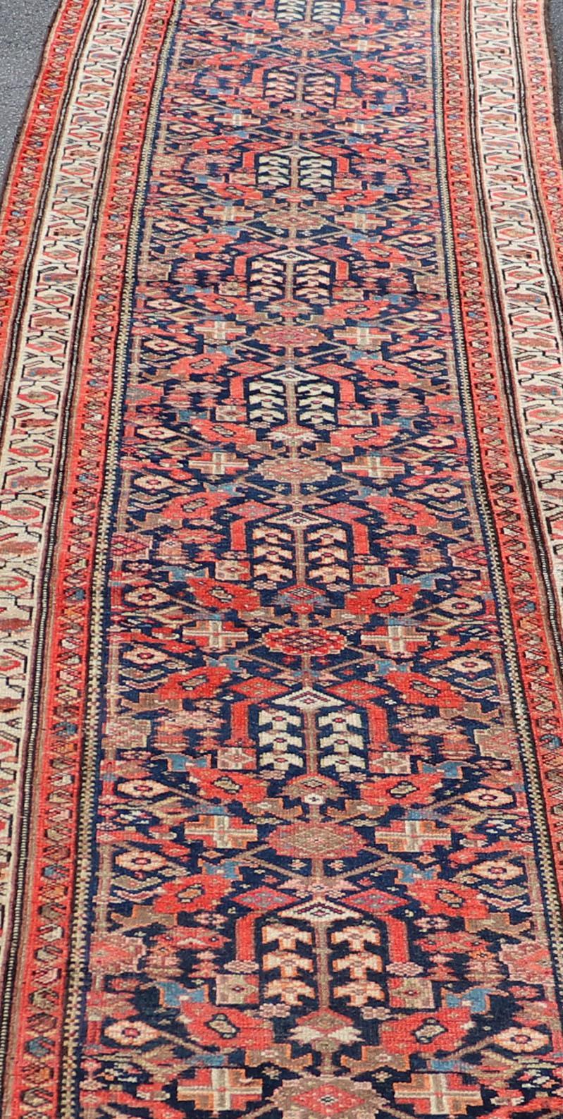Hand-Knotted Antique Malayer Long Runner in Orange, Blue and Brown For Sale