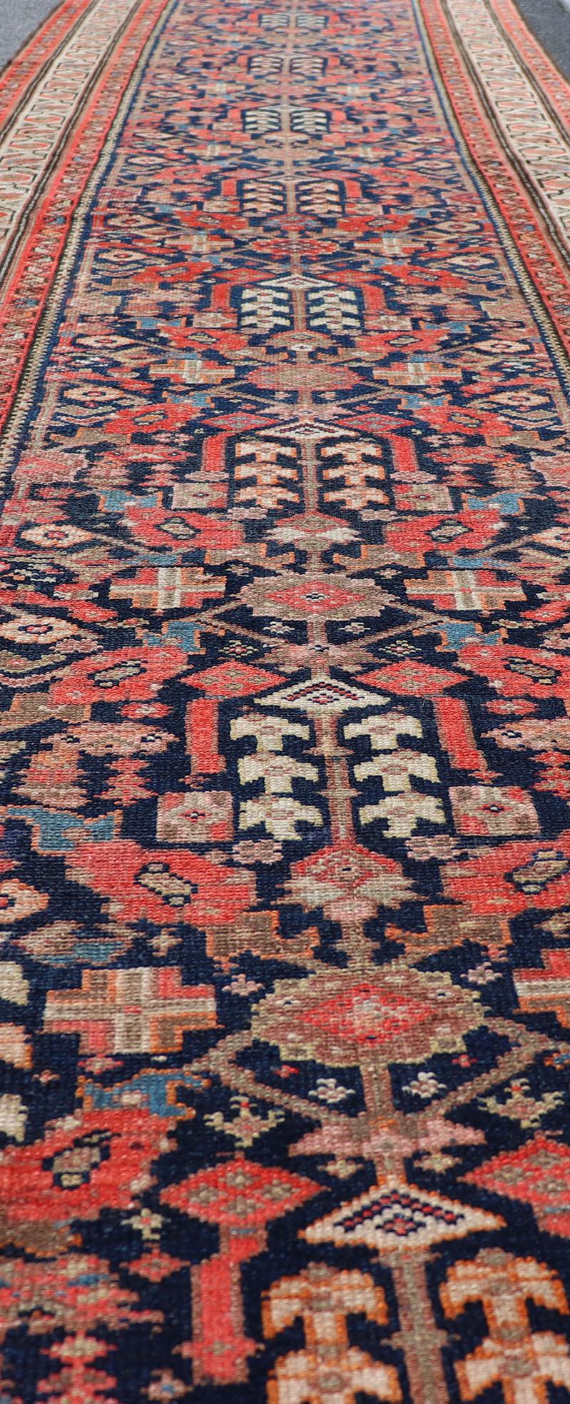 Antique Malayer Long Runner in Orange, Blue and Brown In Good Condition For Sale In Atlanta, GA