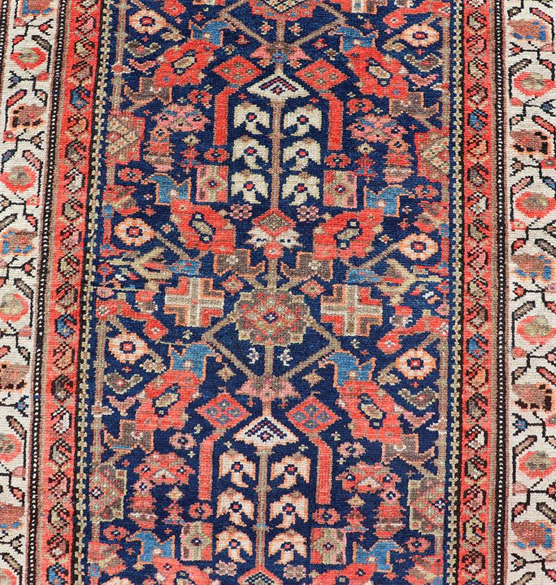 Wool Antique Malayer Long Runner in Orange, Blue and Brown For Sale