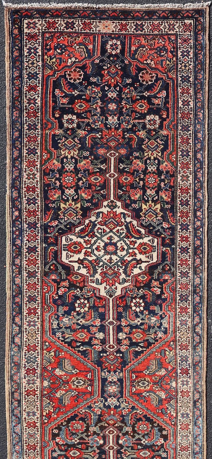 Hand-Knotted Antique Malayer Long Runner with Herati Pattern & Geometric Tri-Medallion Design For Sale