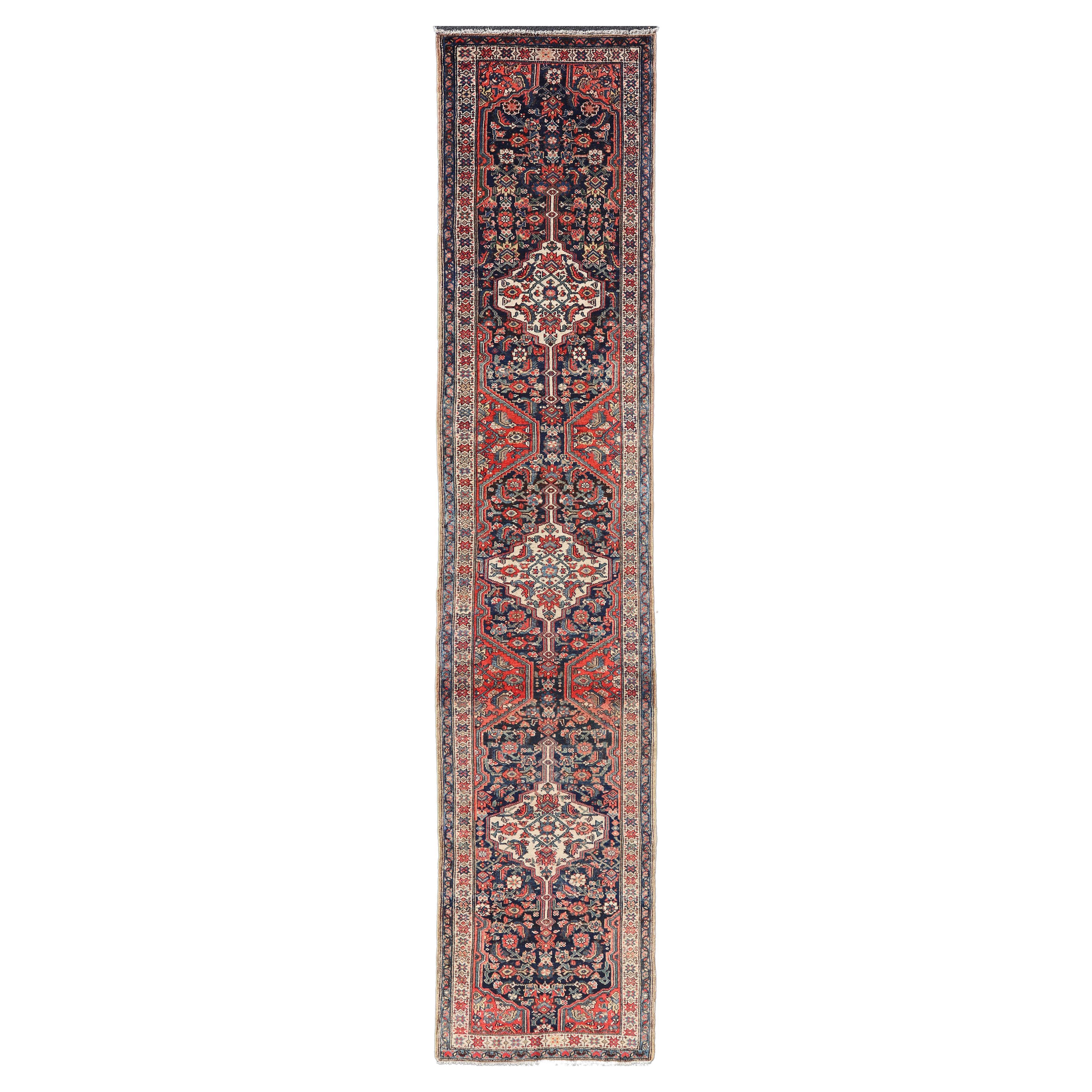 Antique Malayer Long Runner with Herati Pattern & Geometric Tri-Medallion Design For Sale