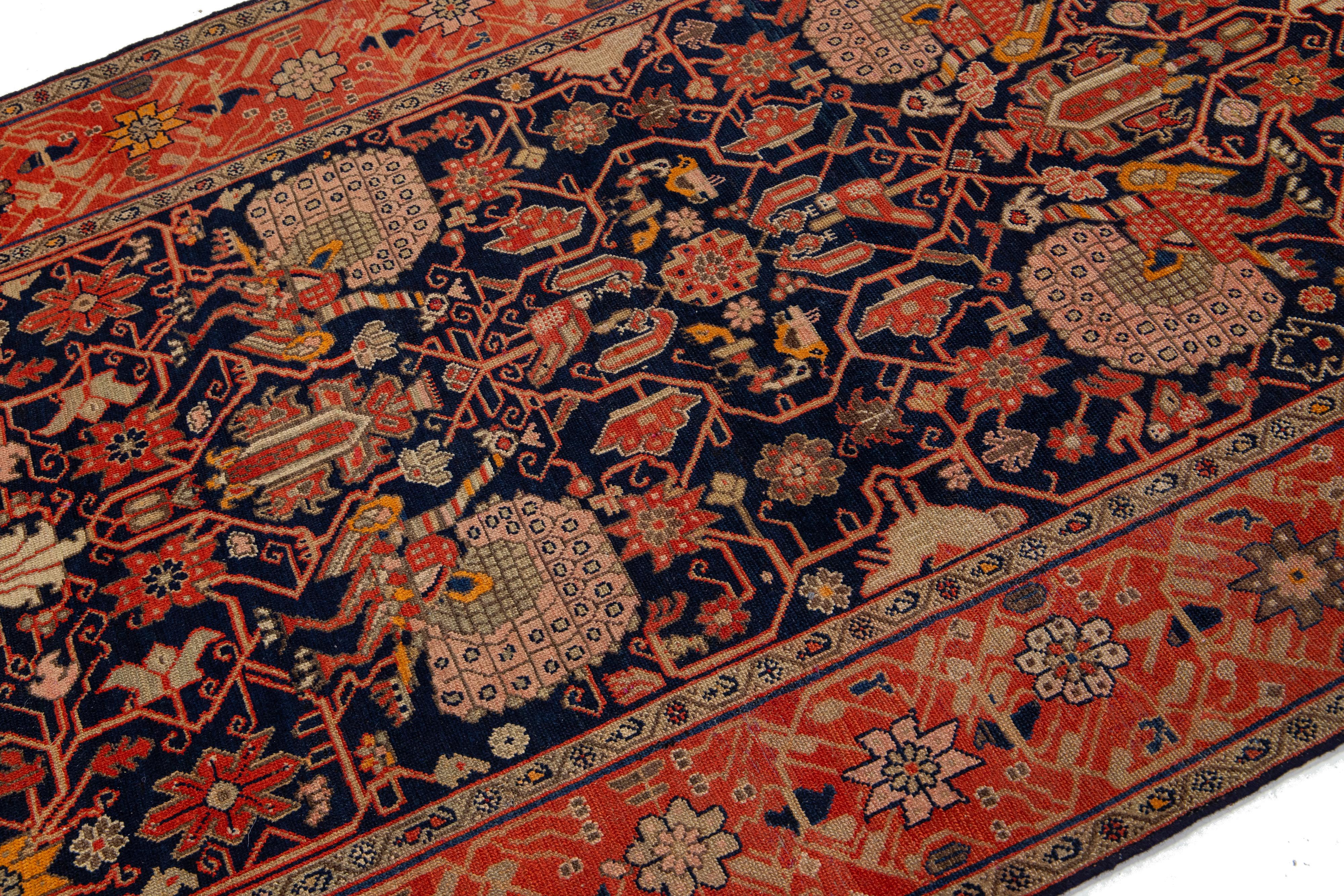 Antiker persischer Malayer-Wollteppich in Dunkelblau mit persischem Muster (Handgeknüpft) im Angebot