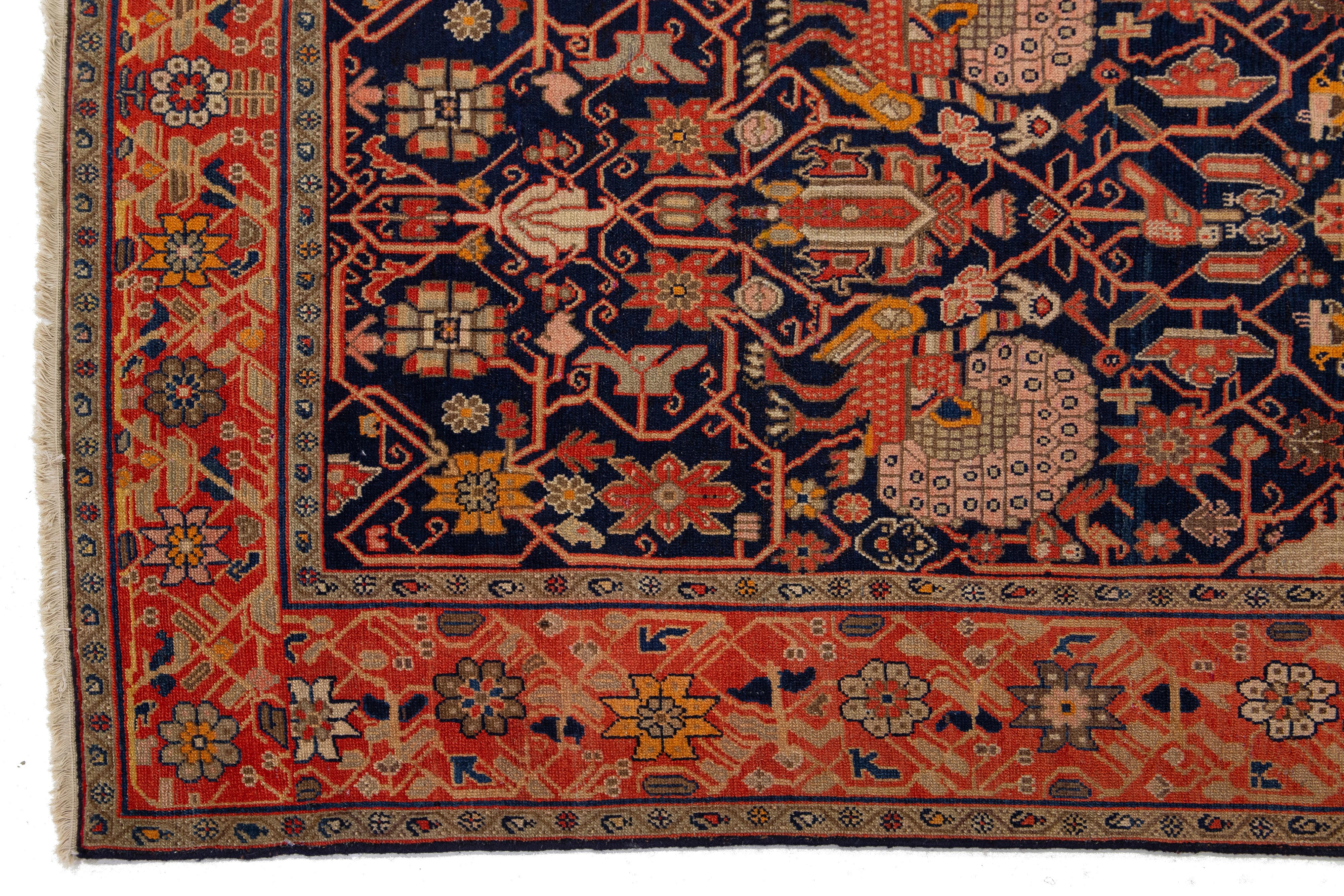 Antiker persischer Malayer-Wollteppich in Dunkelblau mit persischem Muster im Angebot 1