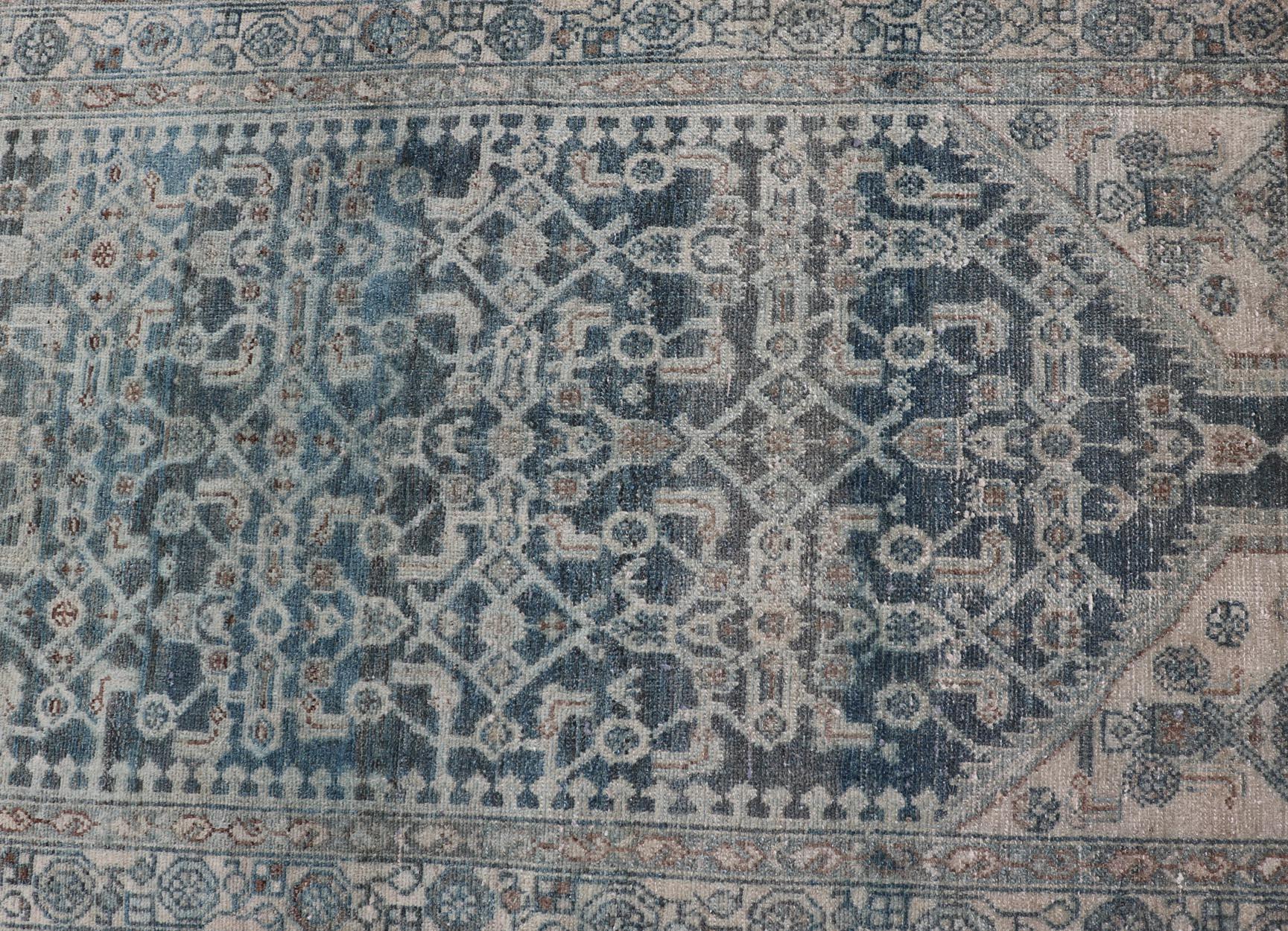 Annodato a mano Antico runner persiano Malayer in blu con design/One 3'8 x 17'4 in vendita