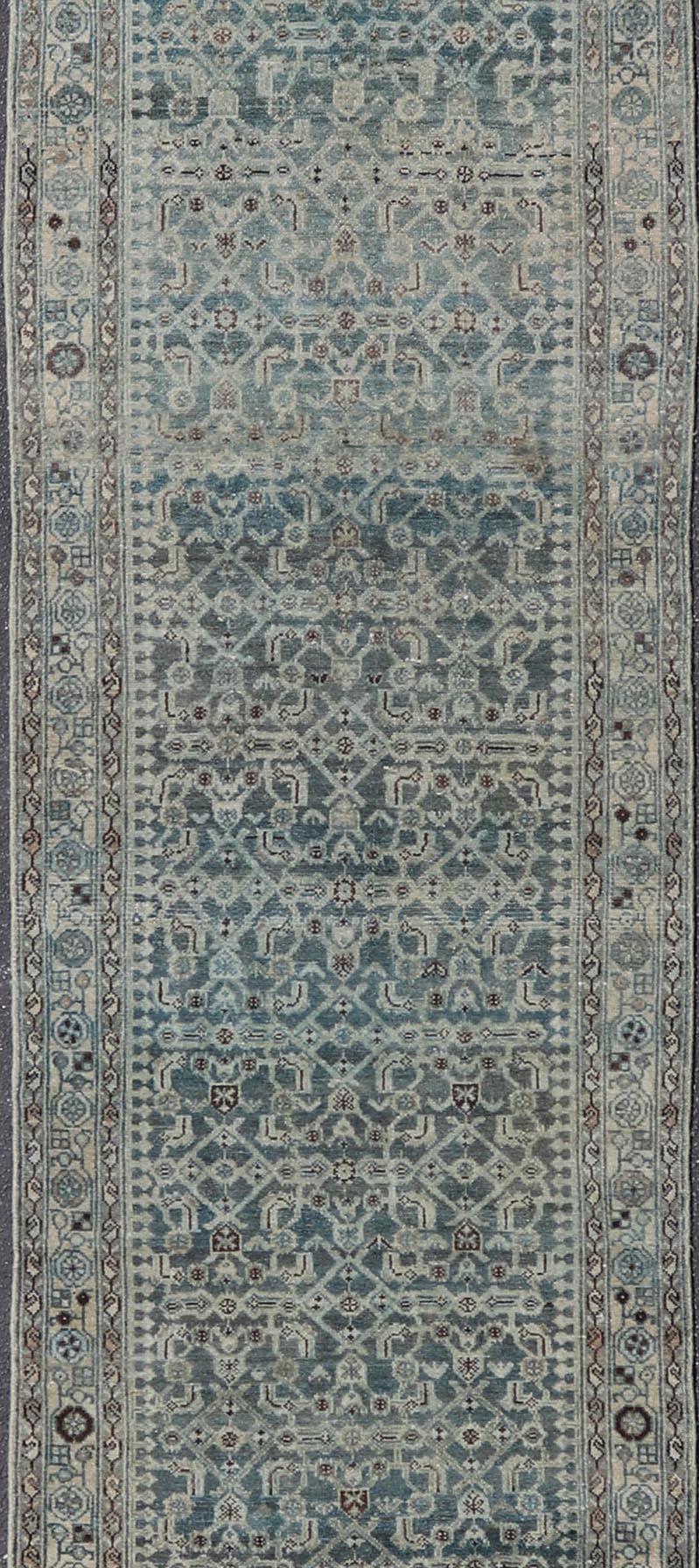 Lana Antico runner persiano Malayer in blu con design/One 3'8 x 17'4 in vendita