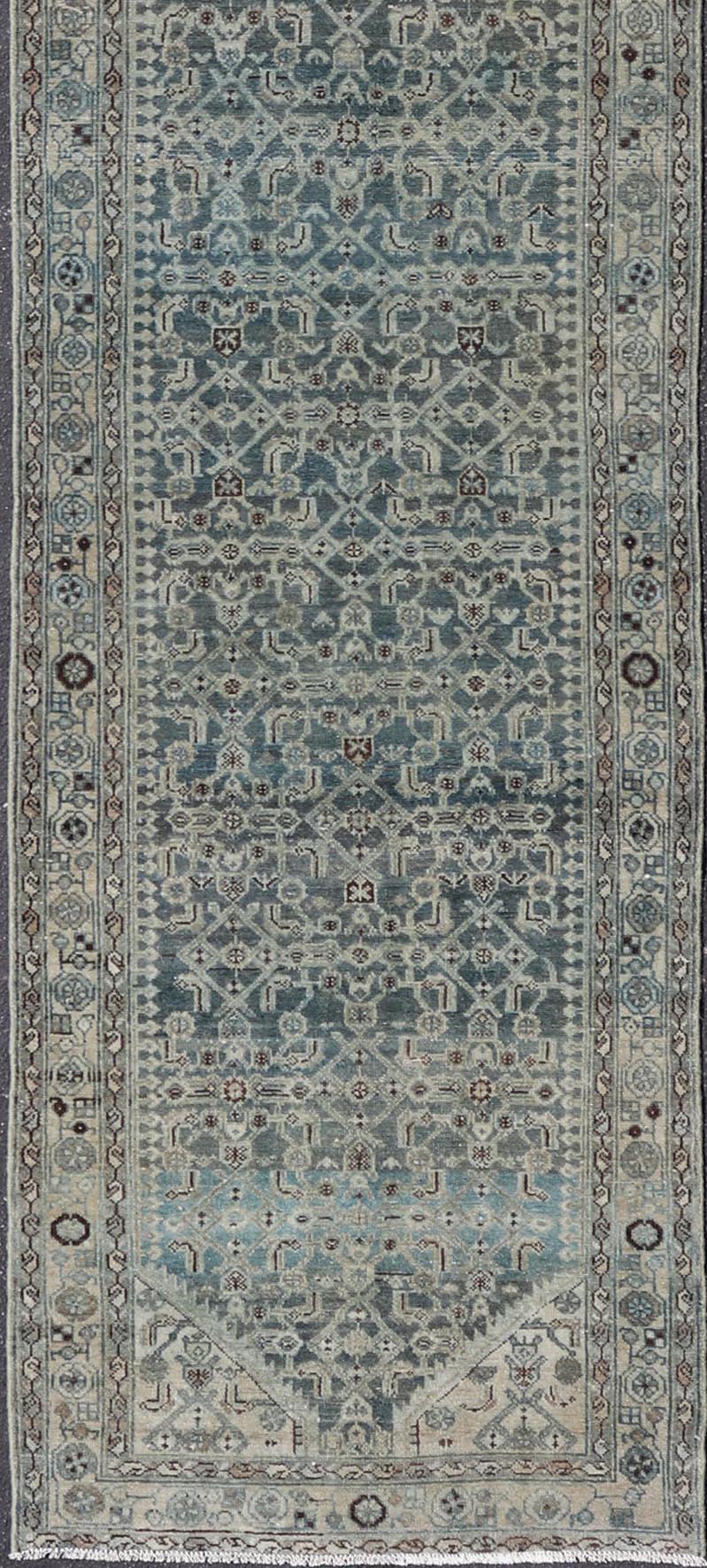 Antico runner persiano Malayer in blu con design/One 3'8 x 17'4 in vendita 1