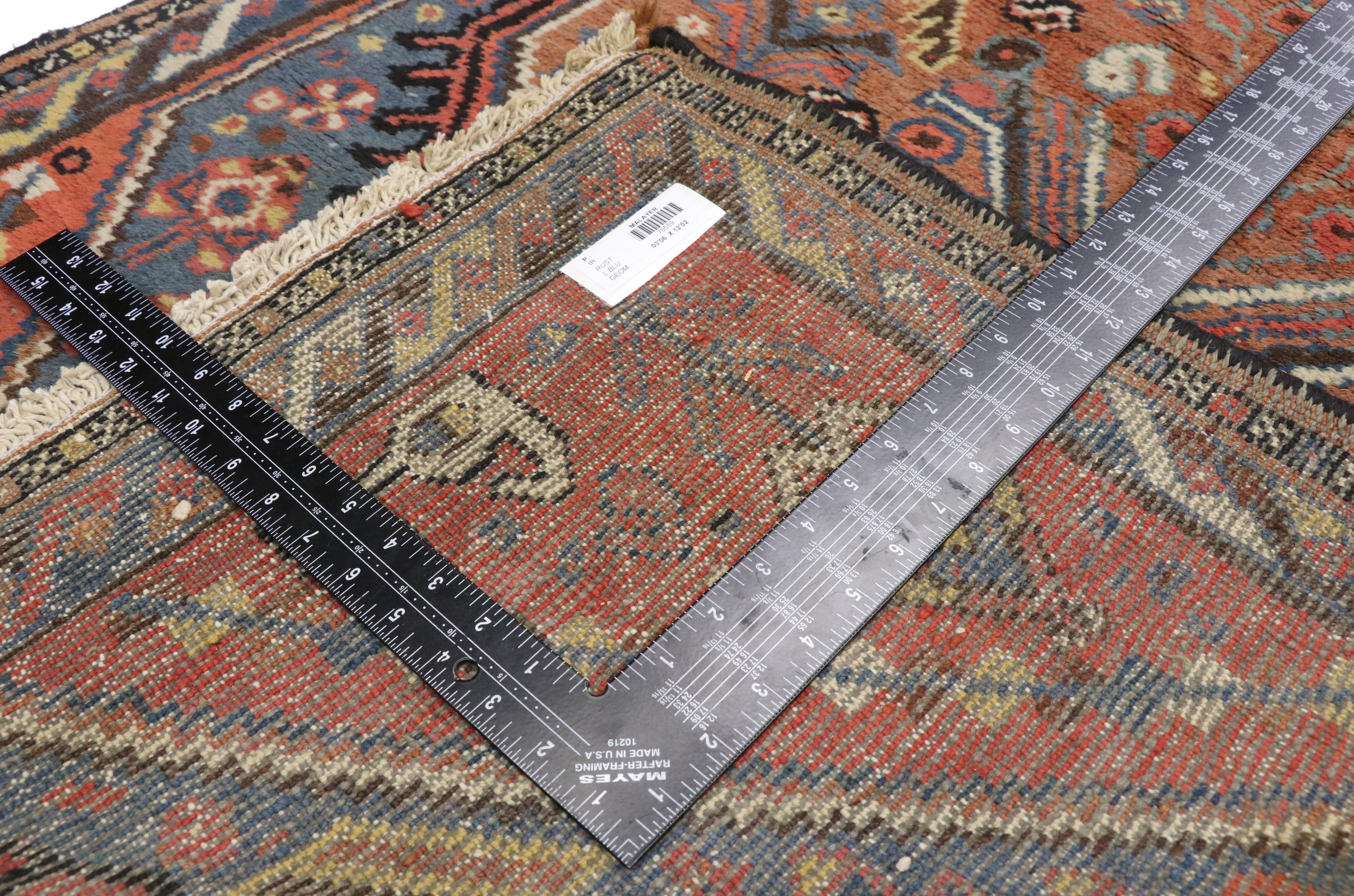 Wool Antique Malayer Persian Runner with Mid-Century Modern Tribal Style
