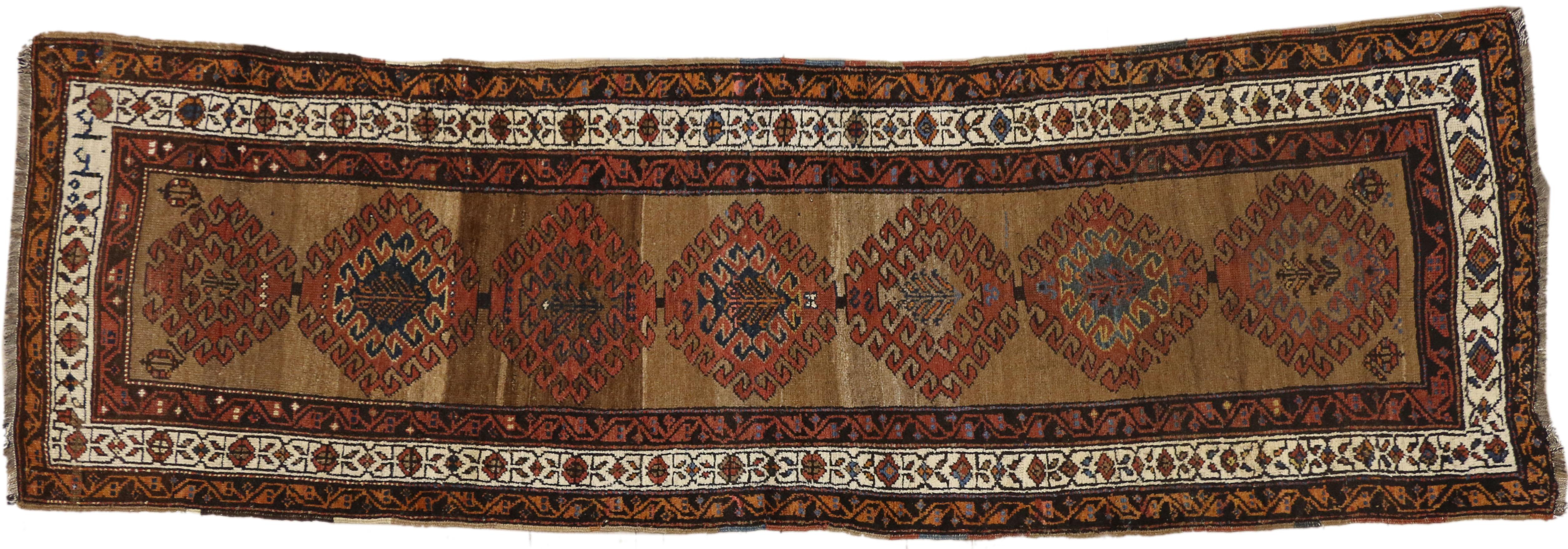73180 Antique Malayer Persian Runner with Warm Artisan and Mid-Century Modern Style. This hand-knotted wool and camel hair antique Persian Malayer runner beautifully displays a Mid-Century Modern style with warm artisan vibes. Based on traditional
