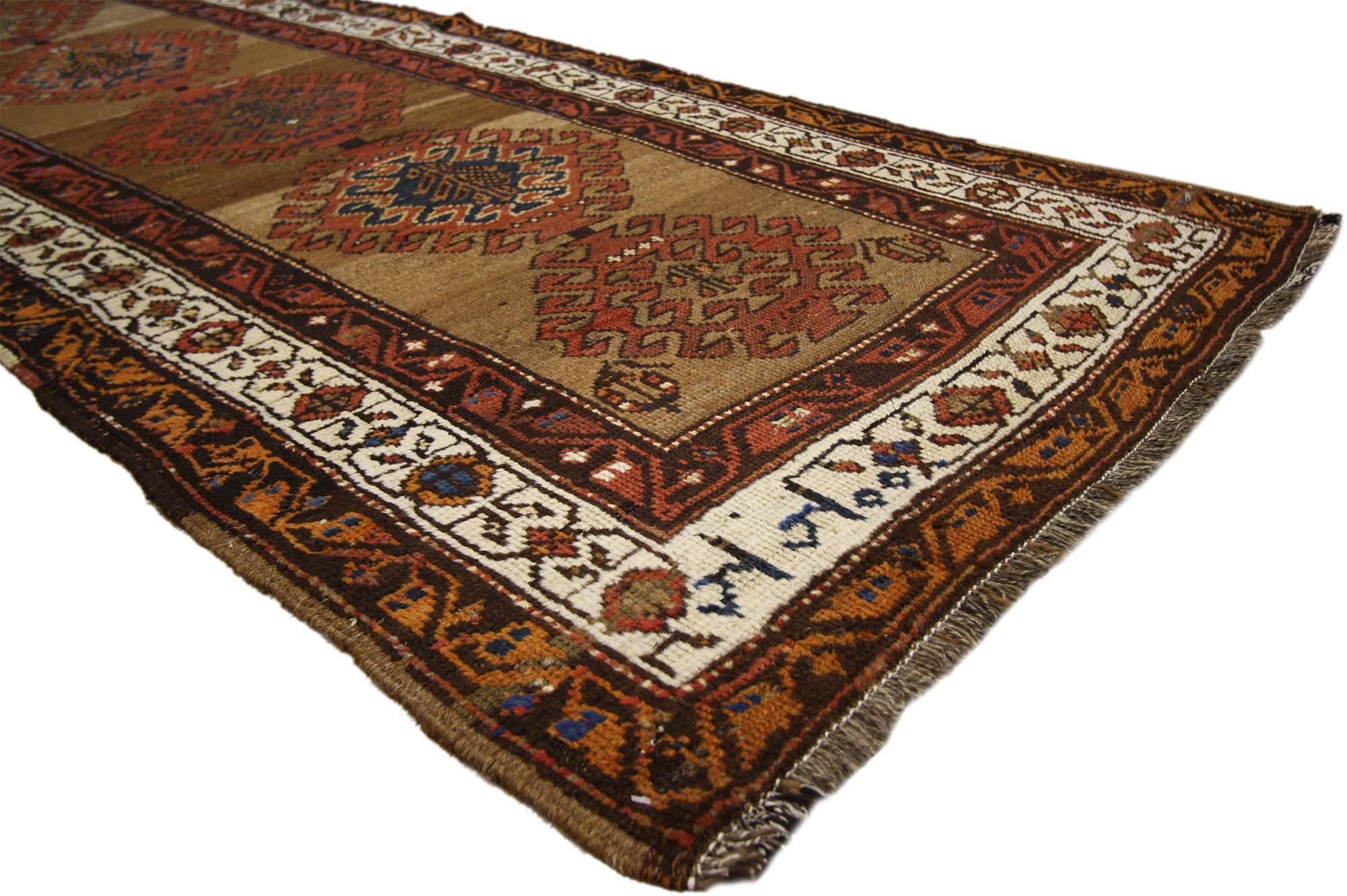 Hand-Knotted Antique Malayer Persian Runner with Warm Artisan and Mid-Century Modern Style For Sale