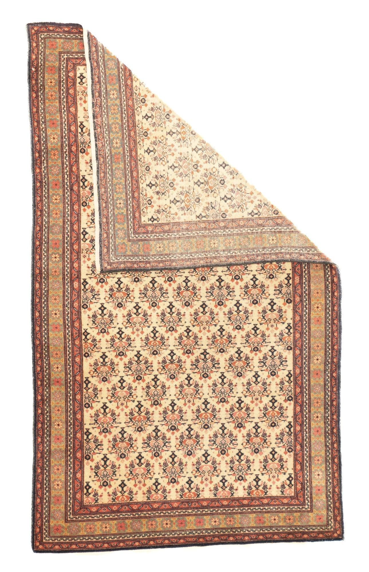 Antique Malayer Rug 3'4'' x 5'8''. The straw-sand field displays 16 full, and two half offset rows of geometric floral elements based uniformly on charcoal vases. Narrow main border of stars and I-beam separators. Cotton foundation, medium weave.