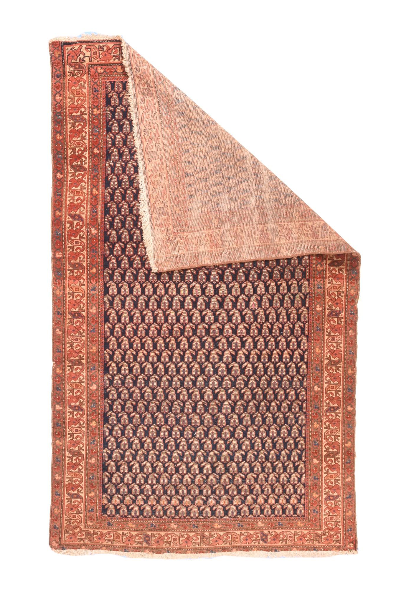 Antique Malayer rug measures: 4' x 6'7''. An almost complete three-column version of the classic Harshang (