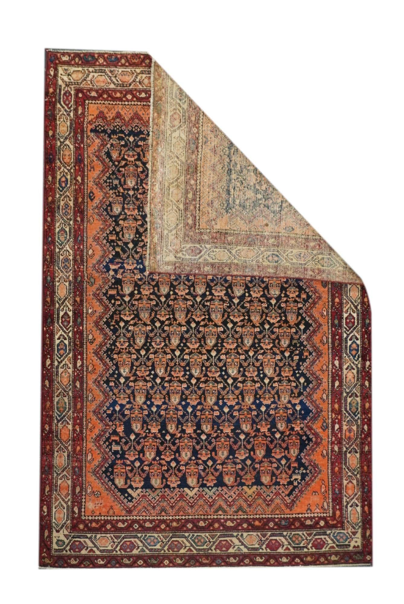 Antique Malayer Rug 4'3'' x 6'8''. A large town in the Greater Hamadan Weaving Area, specializing in single-wefted scatters, room sizes, gallery carpets, long rugs and occasional runners. Numerous satellite villages. Wide range of characteristic