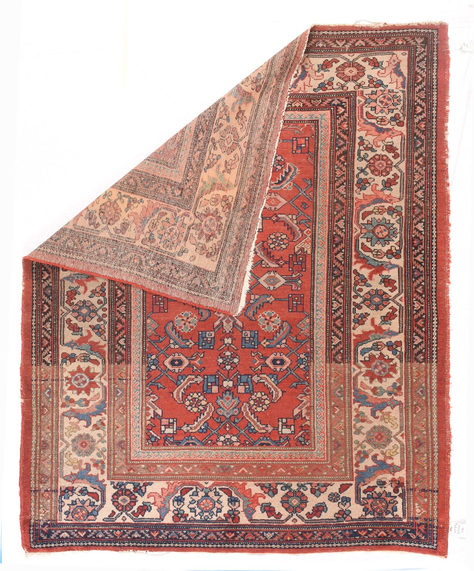 Antique Malayer rug 5'3'' x 6'3''. This squarish antique scatter comes from a village in western Persia in the Greater Hamadan Weaving Area. The rust red and old ivory palette is visibly abrashed in the minor borders. The perennially popular Herati