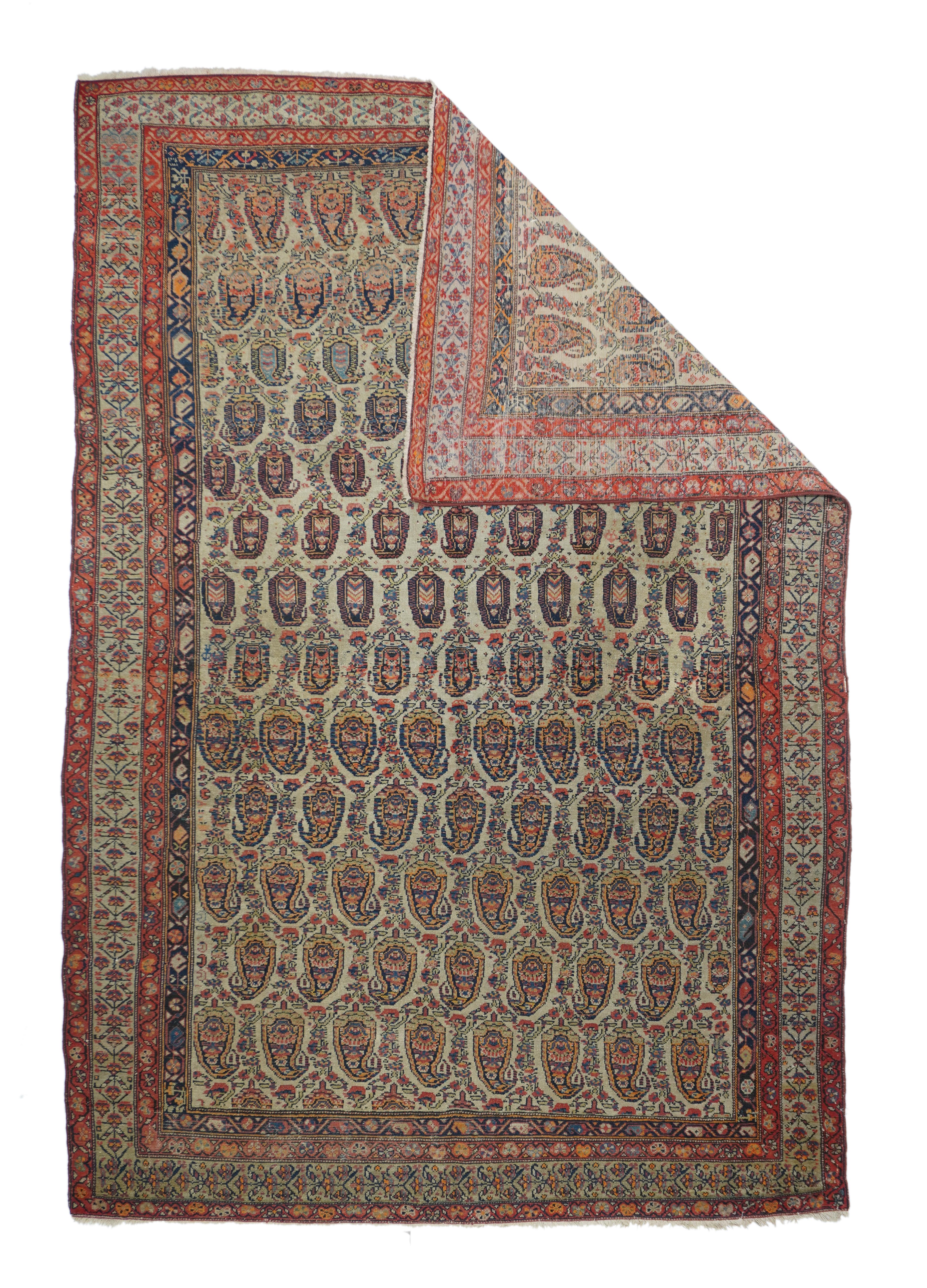 Antique Malayer rug 5'9'' x 8'10''. This west Persian, cotton foundation, symmetrically knotted large scatter features a warm ecru field with reversing rows of floriated botehs set with a lightly drawn flower garland trellis. The botehs change color