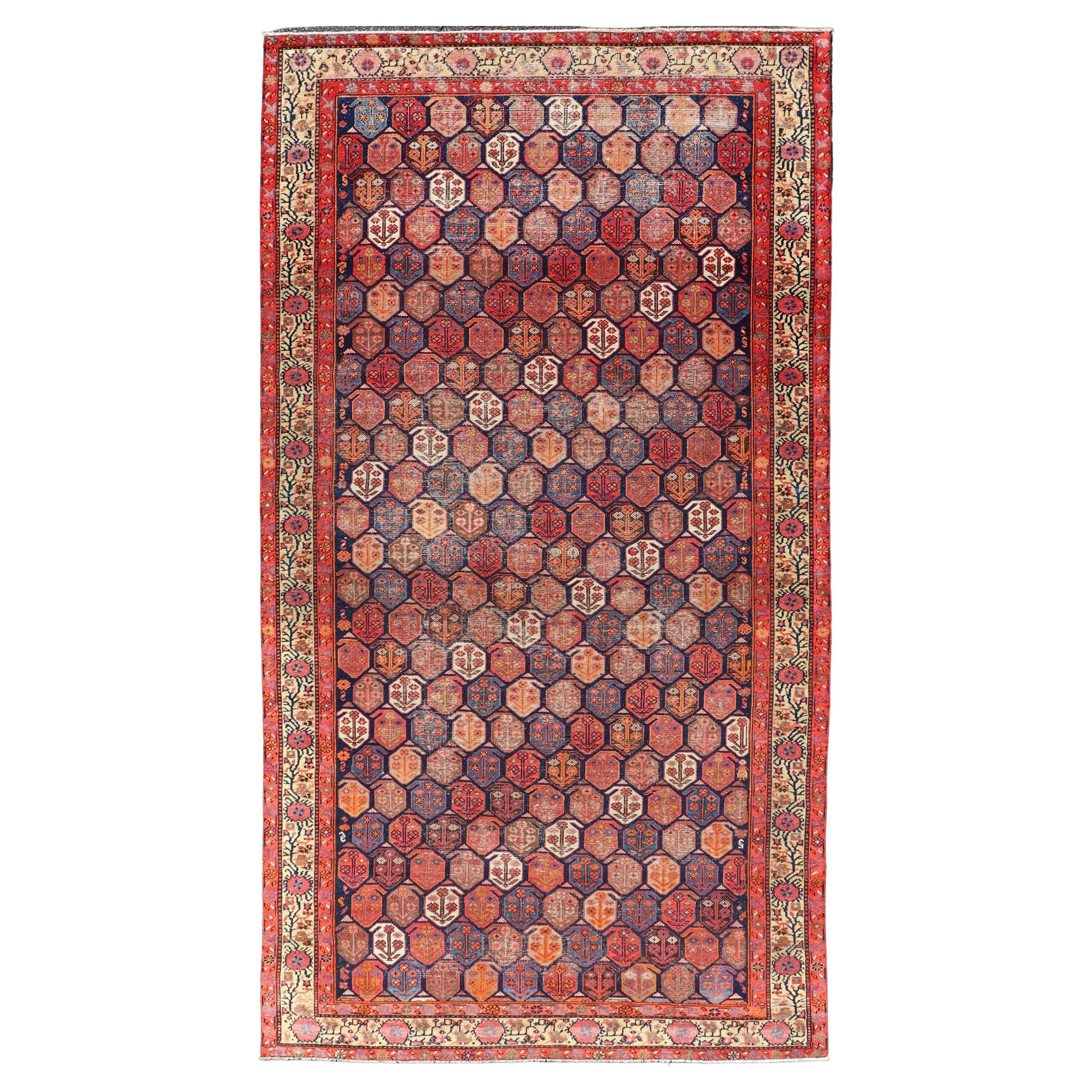 Antique Malayer Rug in Soft Tones in Wool with Sub-Geometric Paisley Design