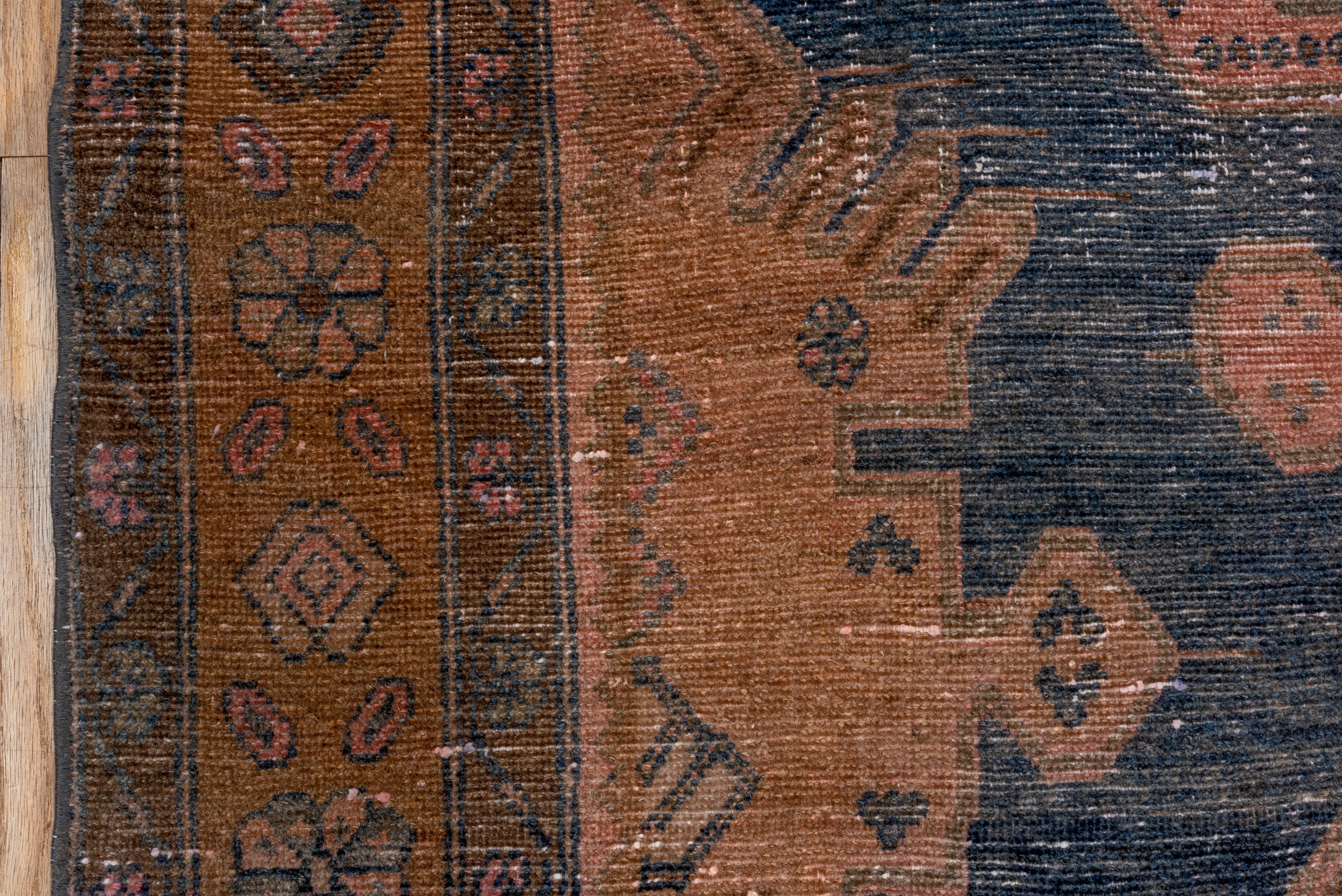 Wool Antique Malayer Rug navy medallion on terracotta field For Sale