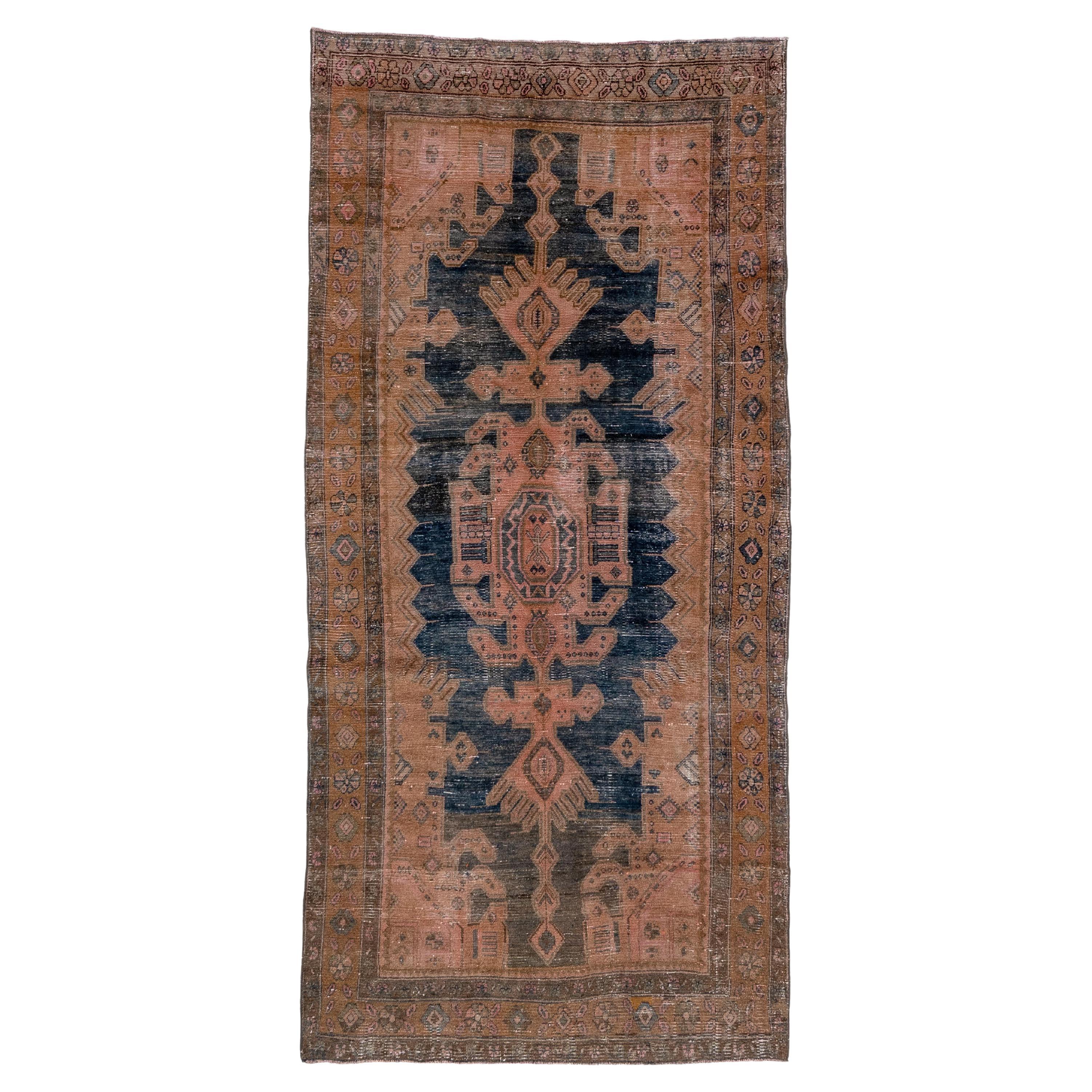Antique Malayer Rug navy medallion on terracotta field For Sale