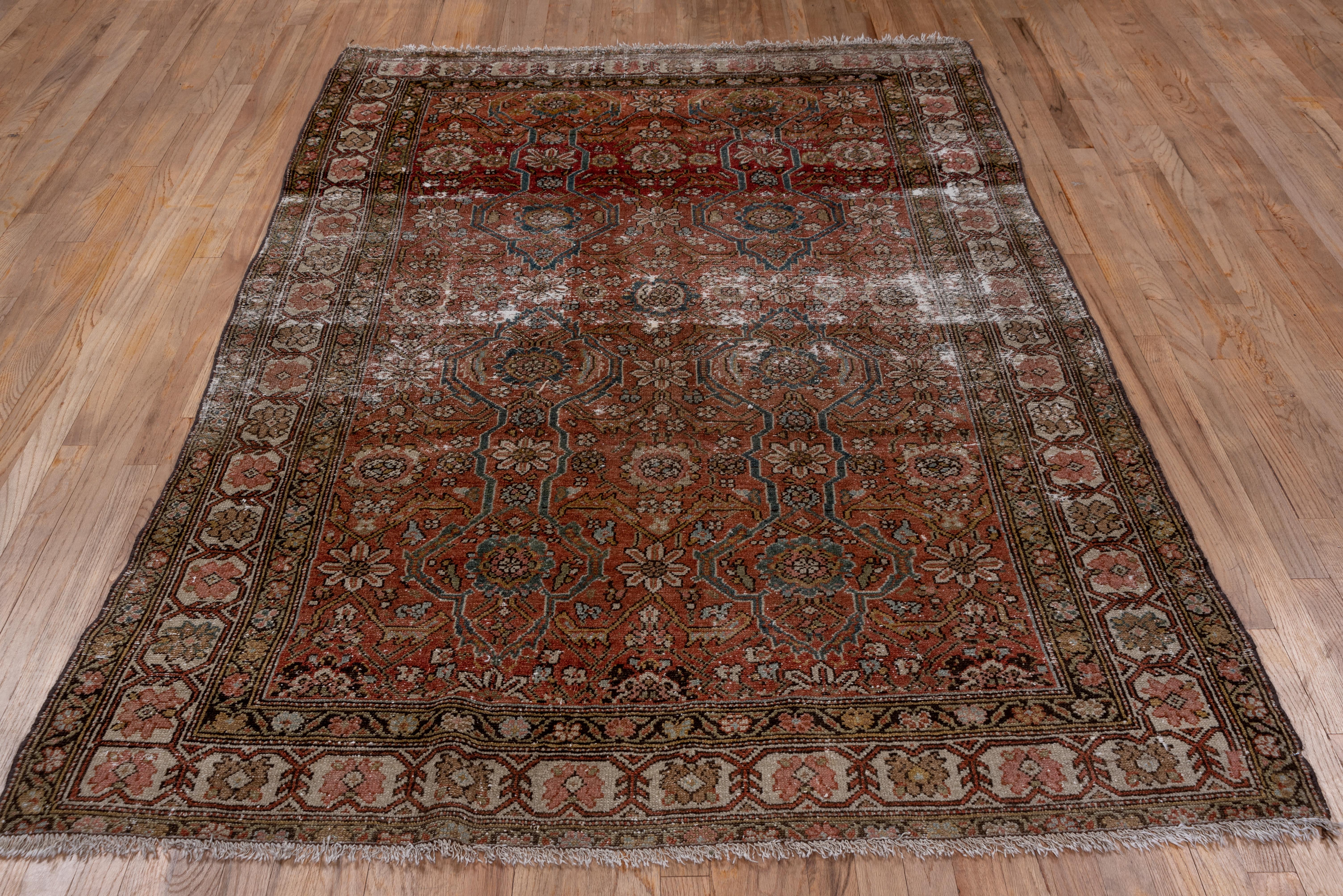 Hand-Knotted Antique Malayer Rug, Rust Allover Field, Lightly Distressed
