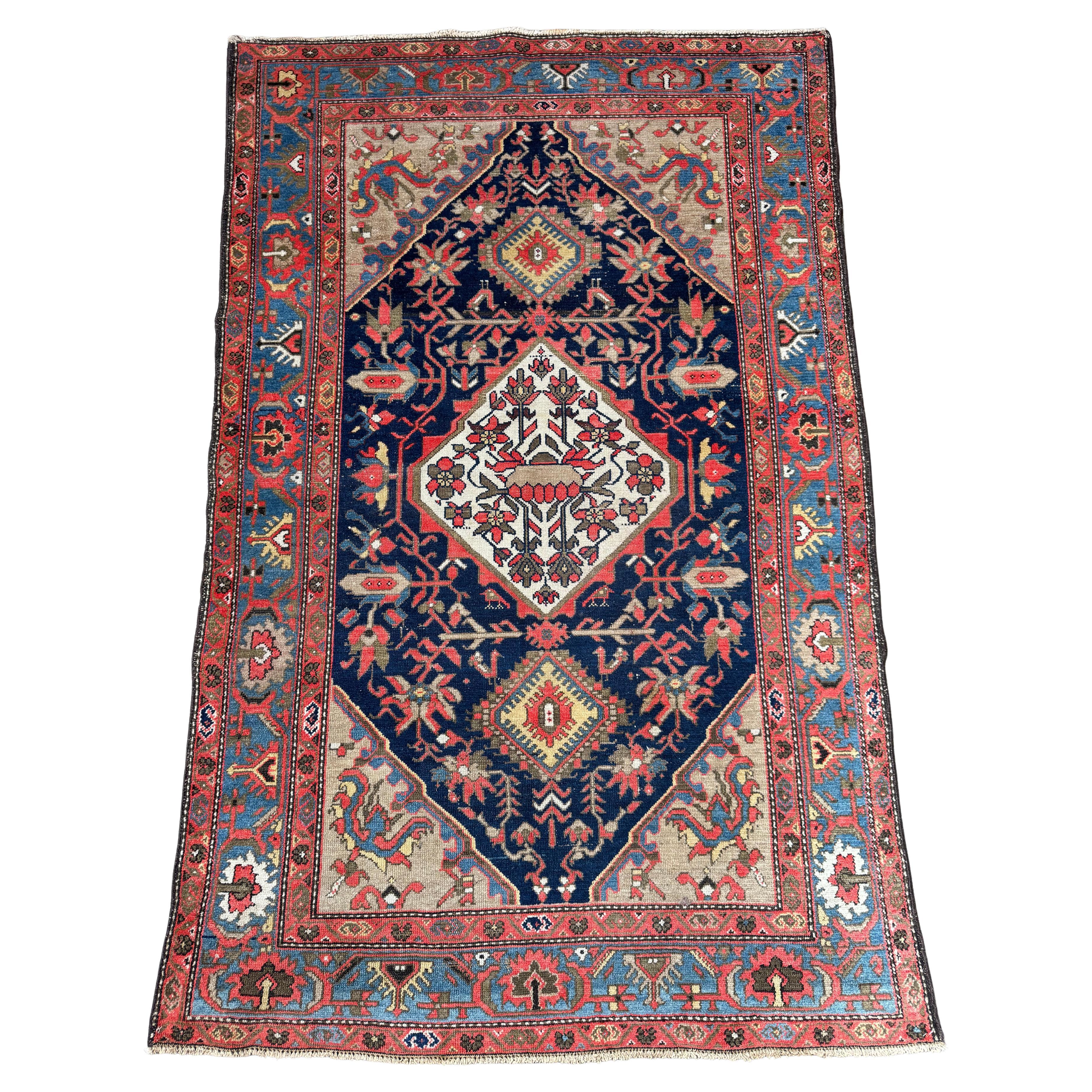 Antique Malayer Rug With Navy Medallion and Floral Border – 6' X 4'2"