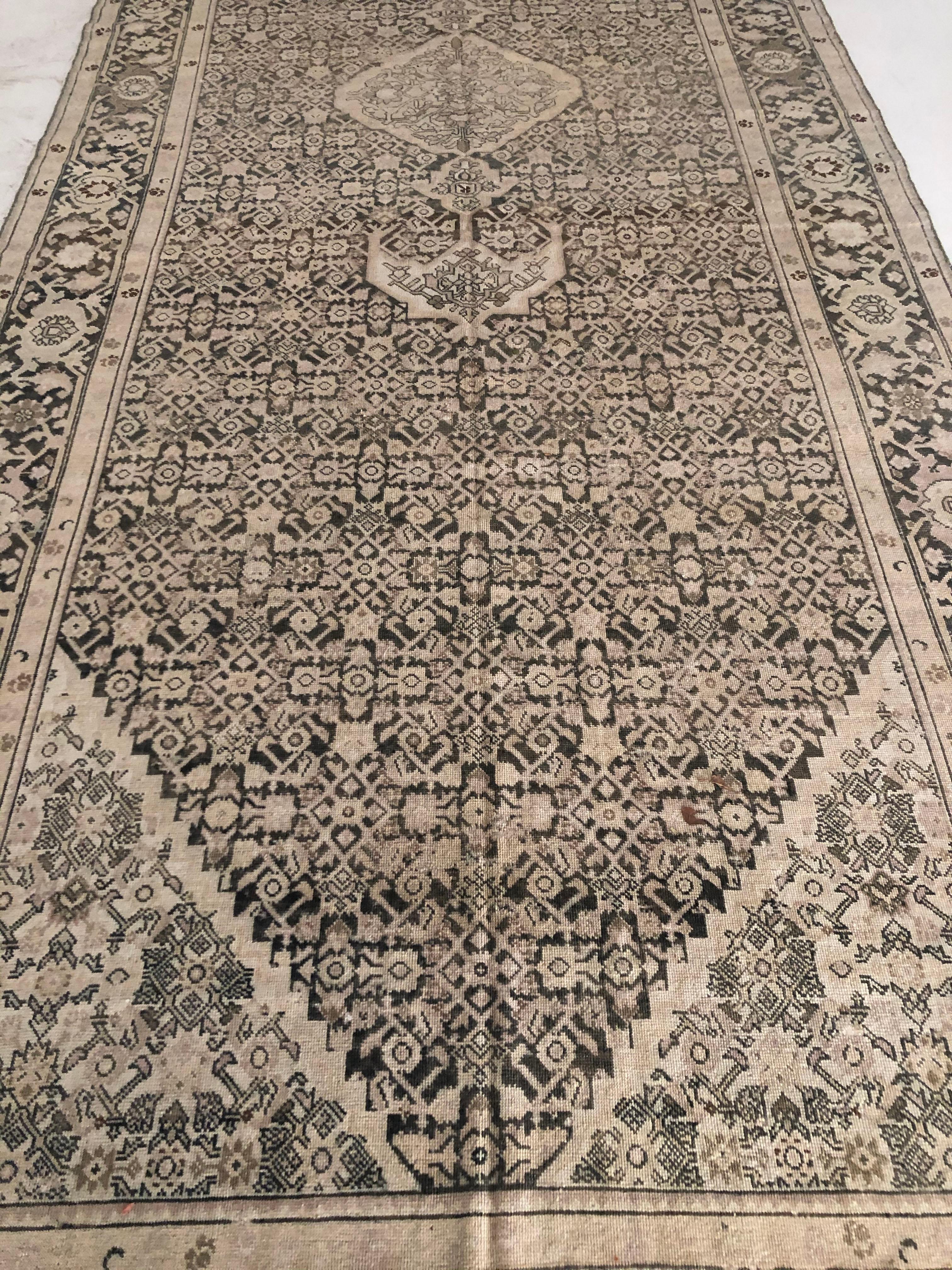 Malayer rugs originate from an area south of Hamadan, Iran. These rugs can be characterized by their designs featuring paisleys, geometric shapes, medallions, and herati border. 

The background of this runner is a taupe color which is contrasted