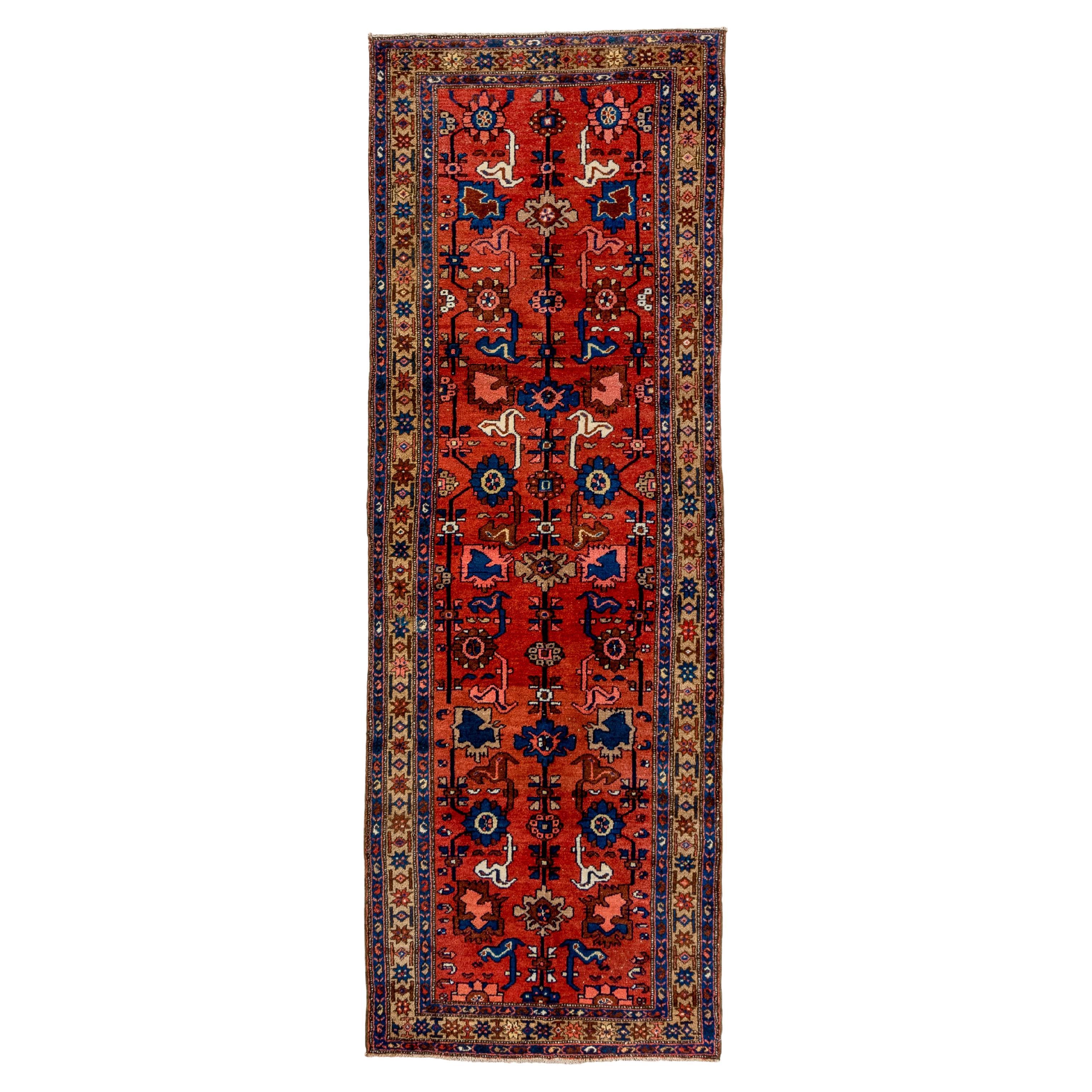 Antique Malayer Runner – Crimson Field with Floral and Animal Motifs For Sale