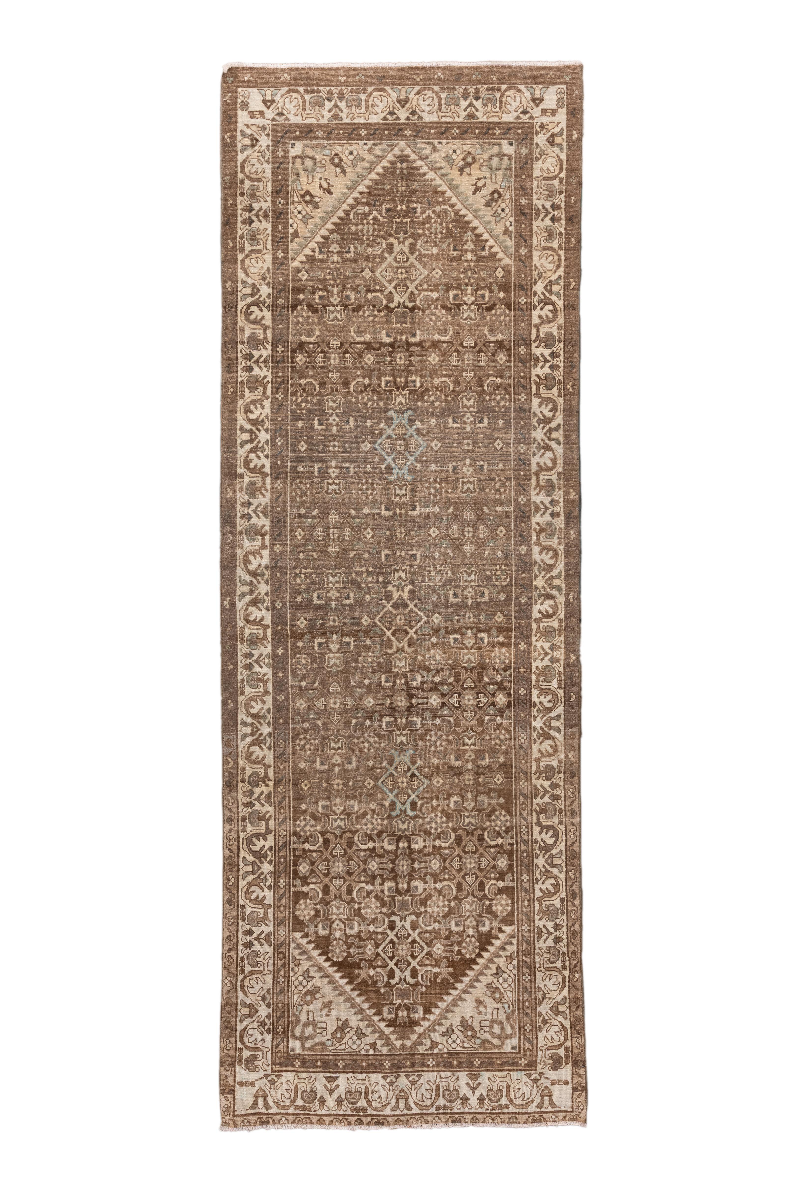 This antique Malayer runner exudes understated elegance with its tightly woven lattice pattern, delicate abrash, and rich mocha tones contrasted by soft ivory and faint hints of sky blue. Characterized by its fine weave and tribal detailing, this