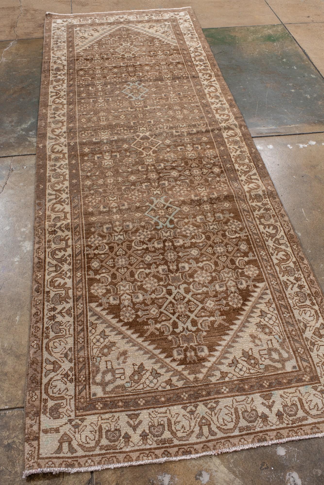 Persian Antique Malayer Runner, Hand-Knotted in Distressed Browns and Neutrals For Sale