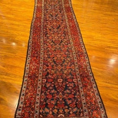 Antique Malayer Runner, Hand-Knotted Wool, Navy & Red, Turkish Design