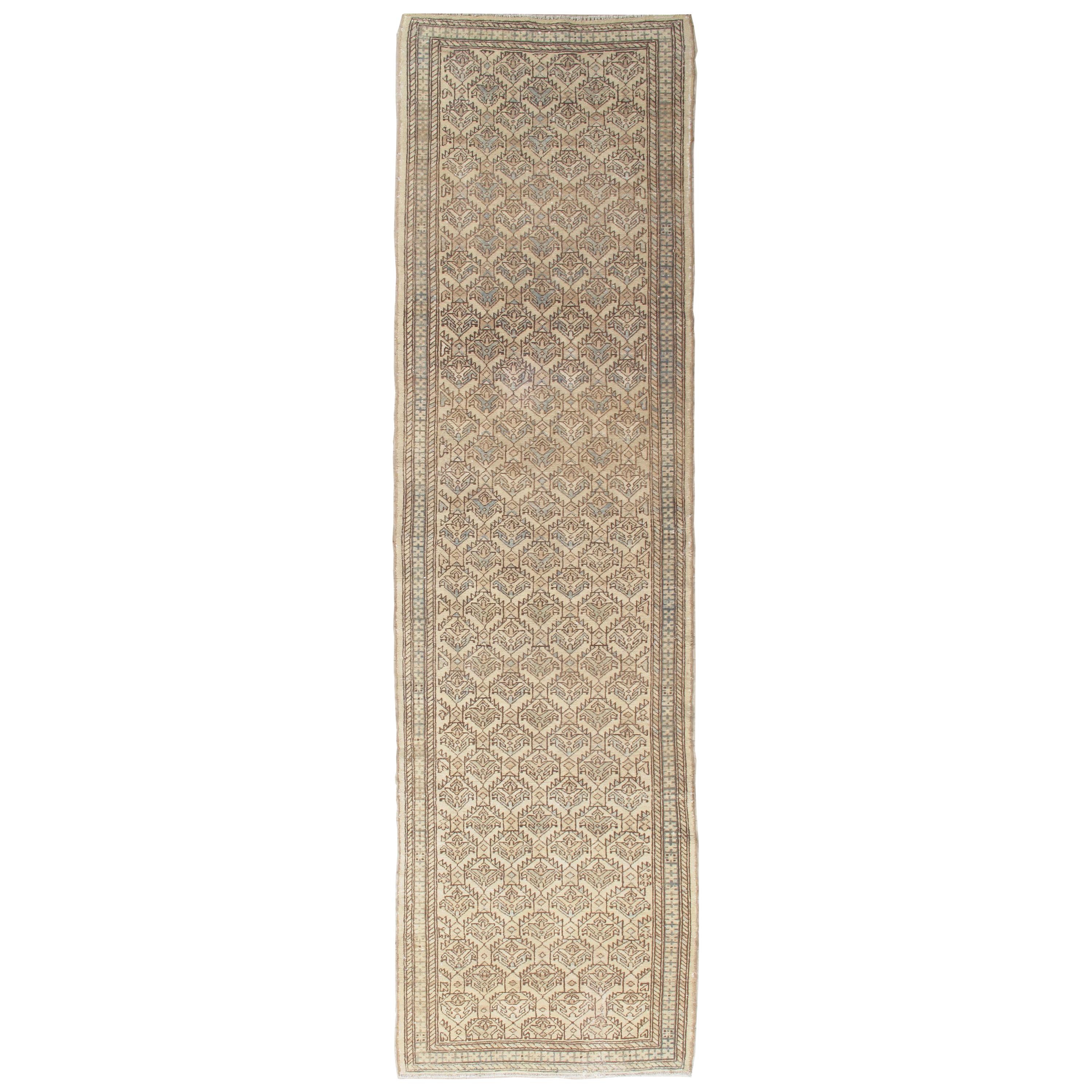 Antique Malayer Runner, Handmade Oriental Rug Ivory, Gray, Taupe, Goyard Pattern