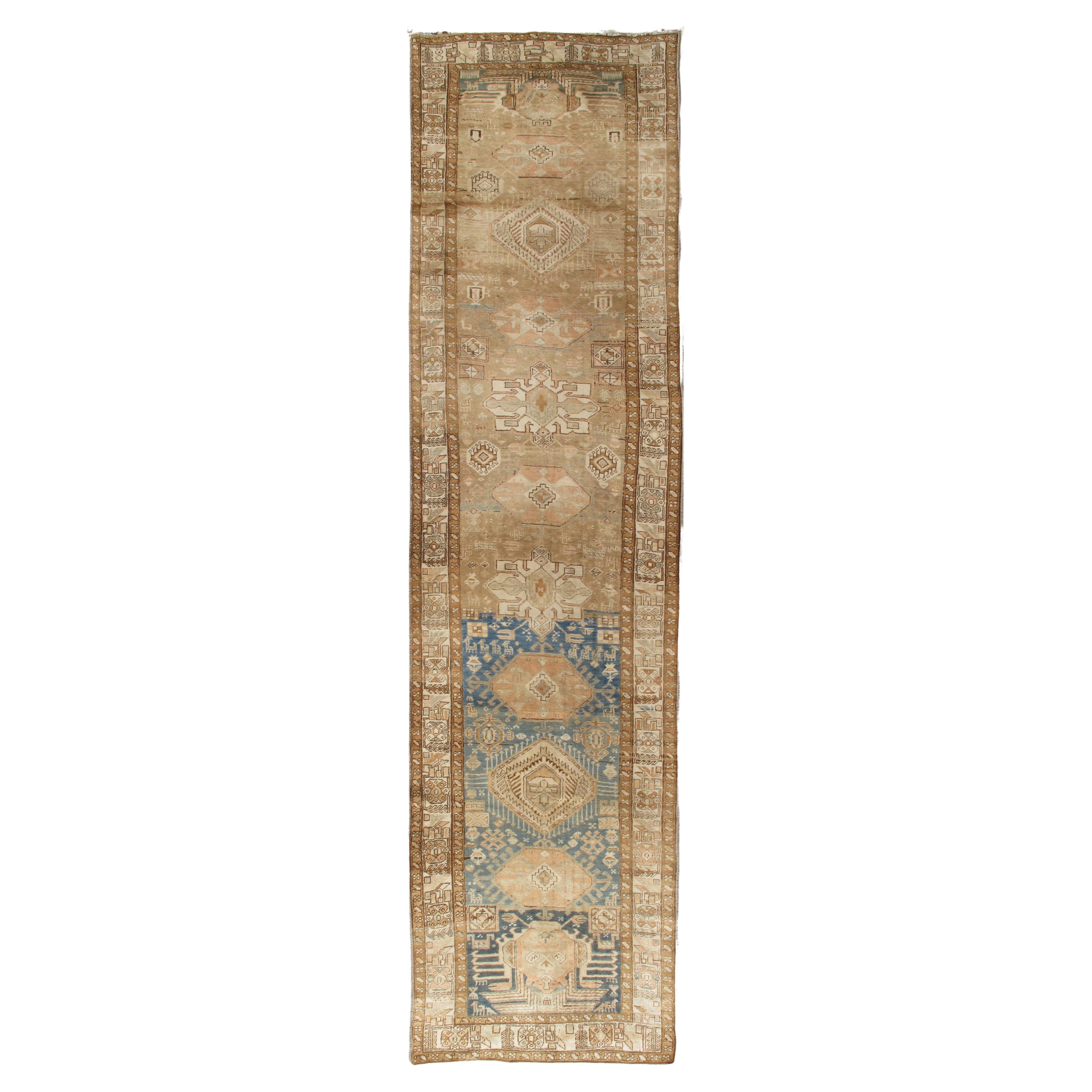 Antique Malayer Runner, Handmade Oriental Rug, Ivory, Taupe, Gold, Light Blue