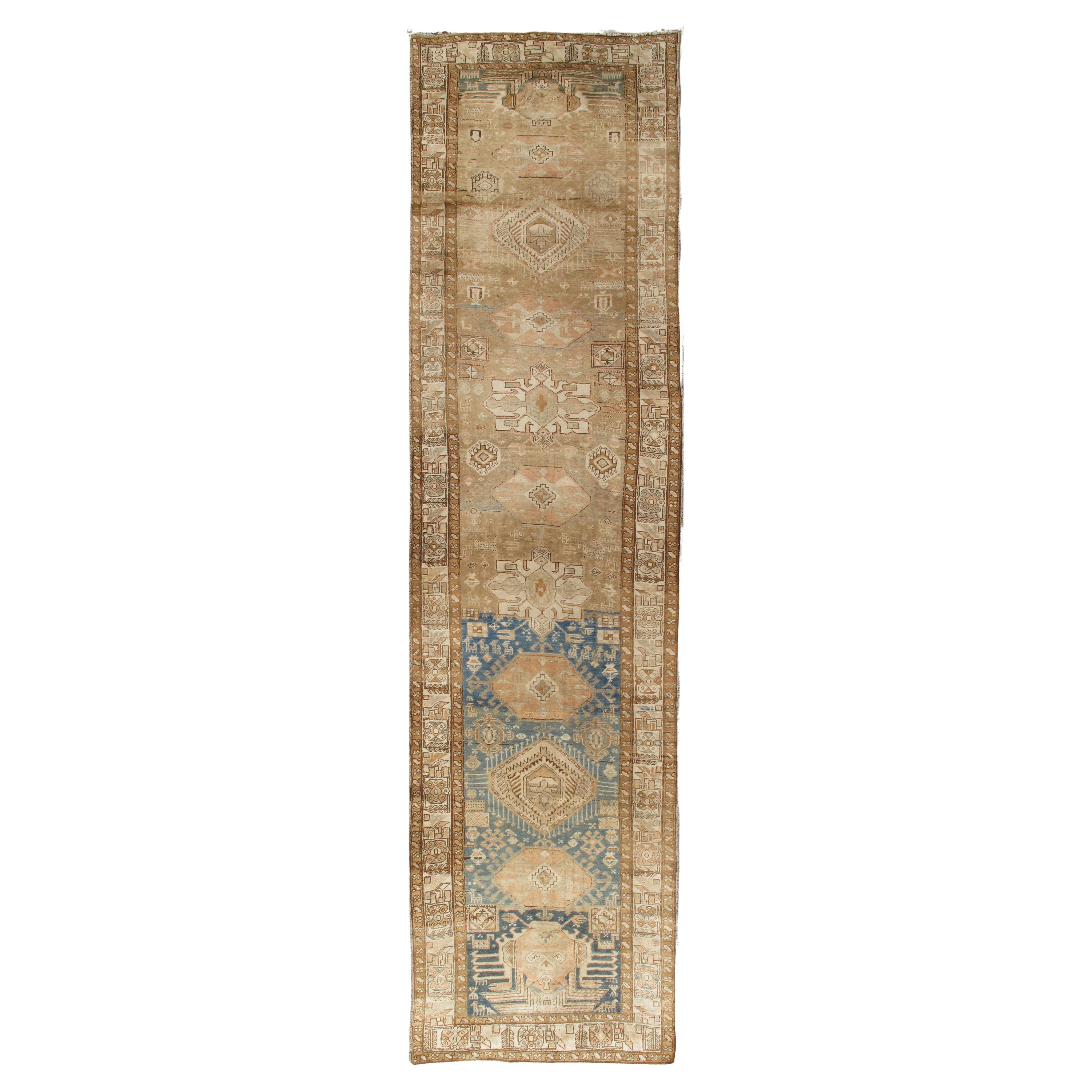 Antique Malayer Runner, Handmade Oriental Rug, Ivory, Taupe, Gold, Light Blue