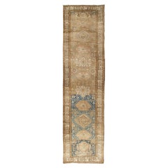 Antique Malayer Runner, Handmade Oriental Rug, Ivory, Taupe, Gold, Light Blue